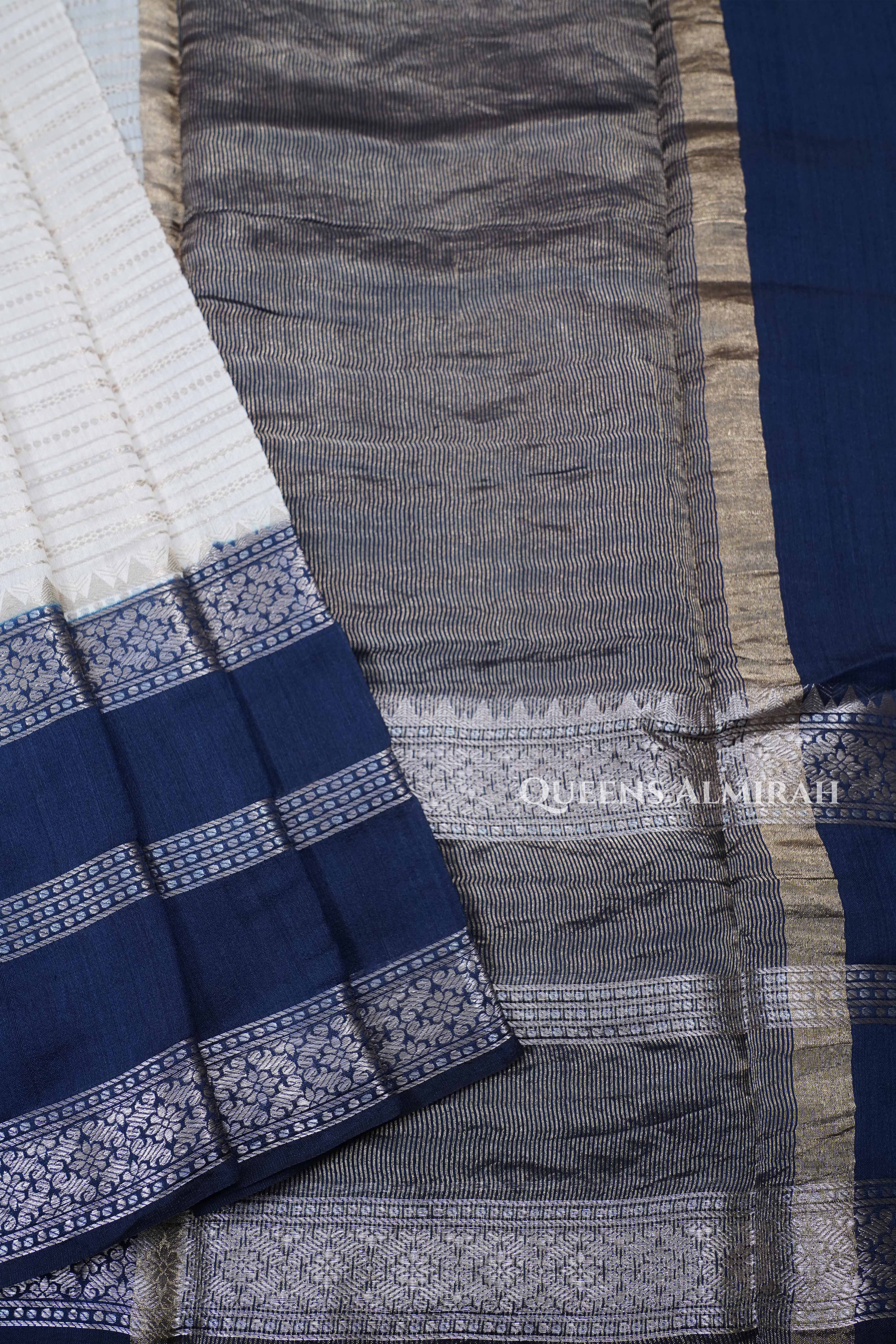 White With Dark Navy Chiniya Silk Saree