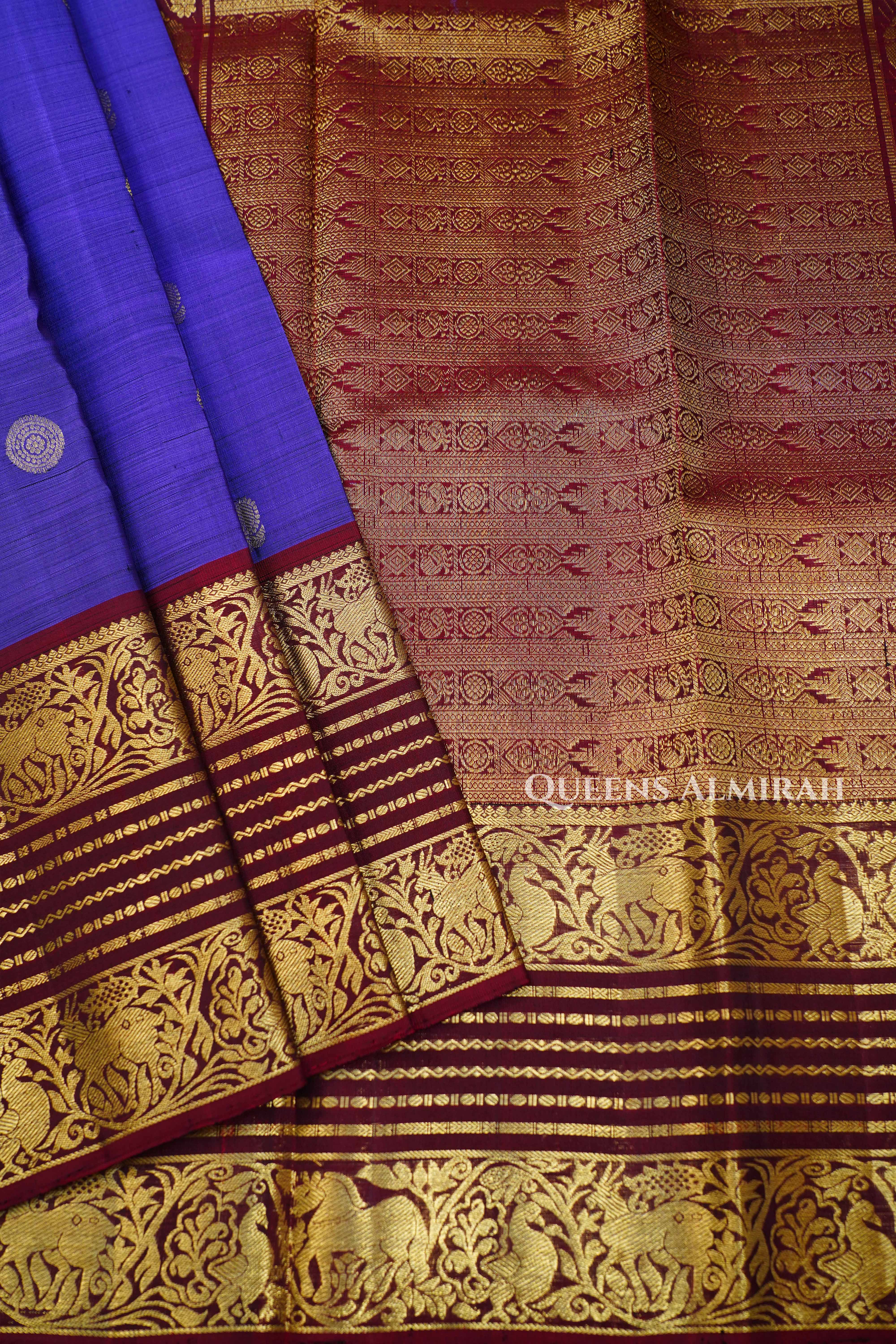 Light Indigo With Maroon Pure Kanchivaram Silk Saree