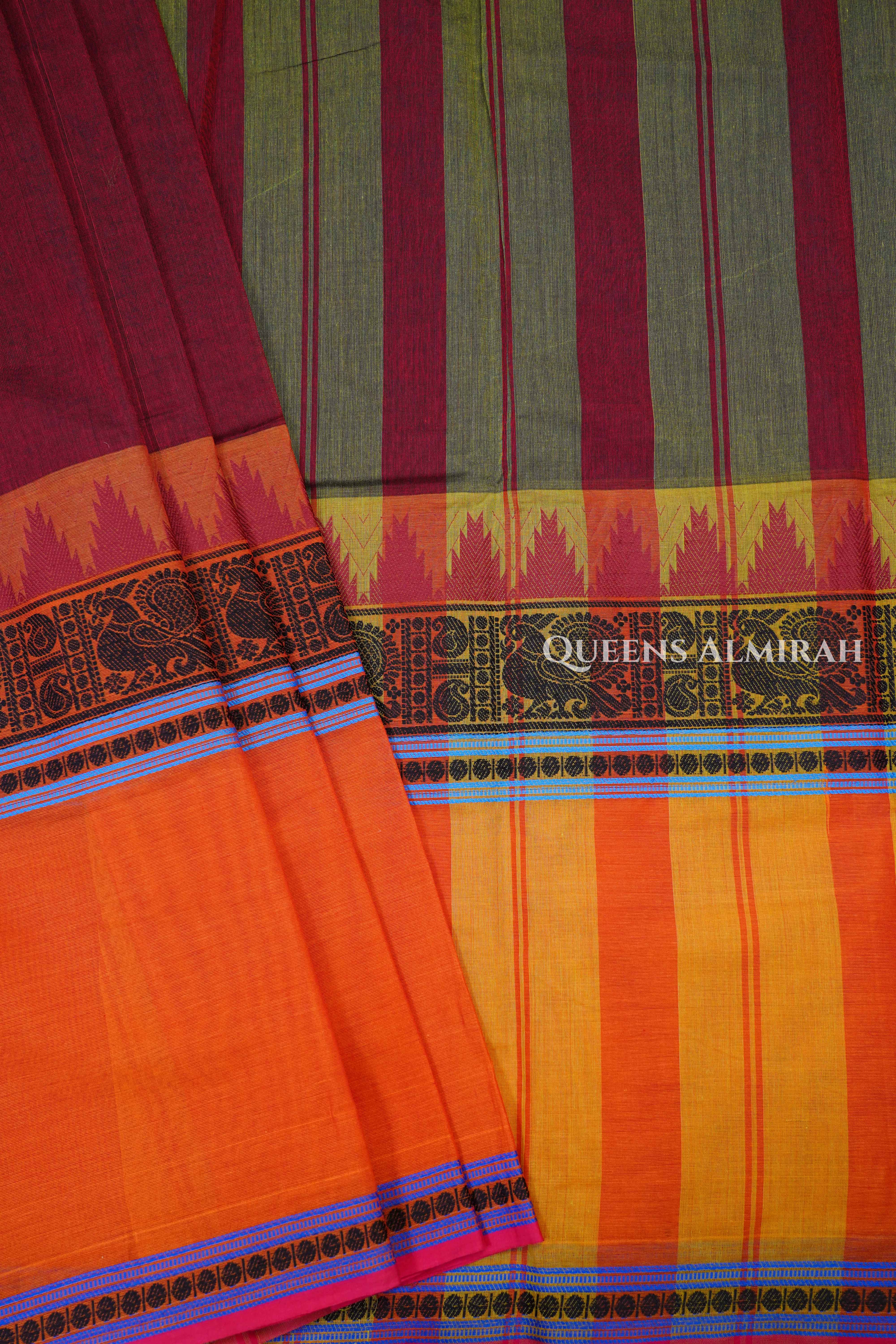 Maroonish Brown With Orange Chettinad Cotton Saree