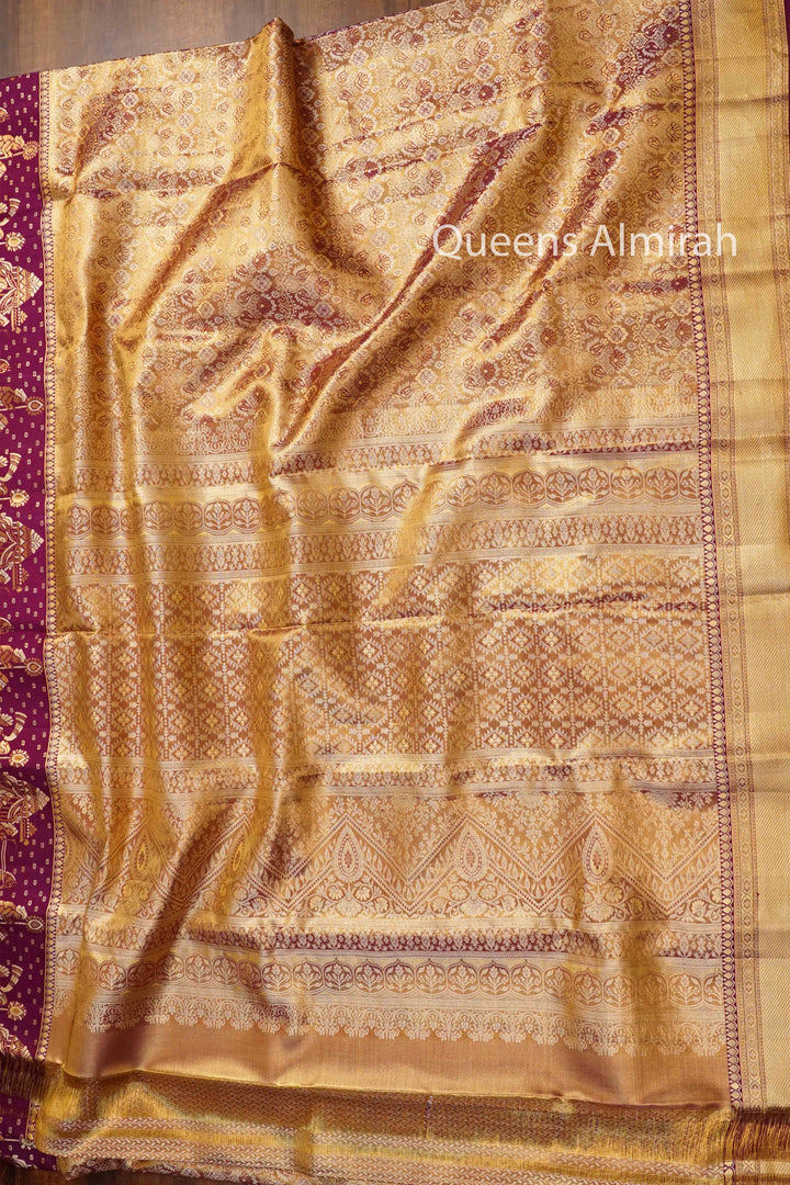 GOLD WITH WINE BERRY PURE KANCHIVARAM SILK SAREE - Queens Jewel Emporium
