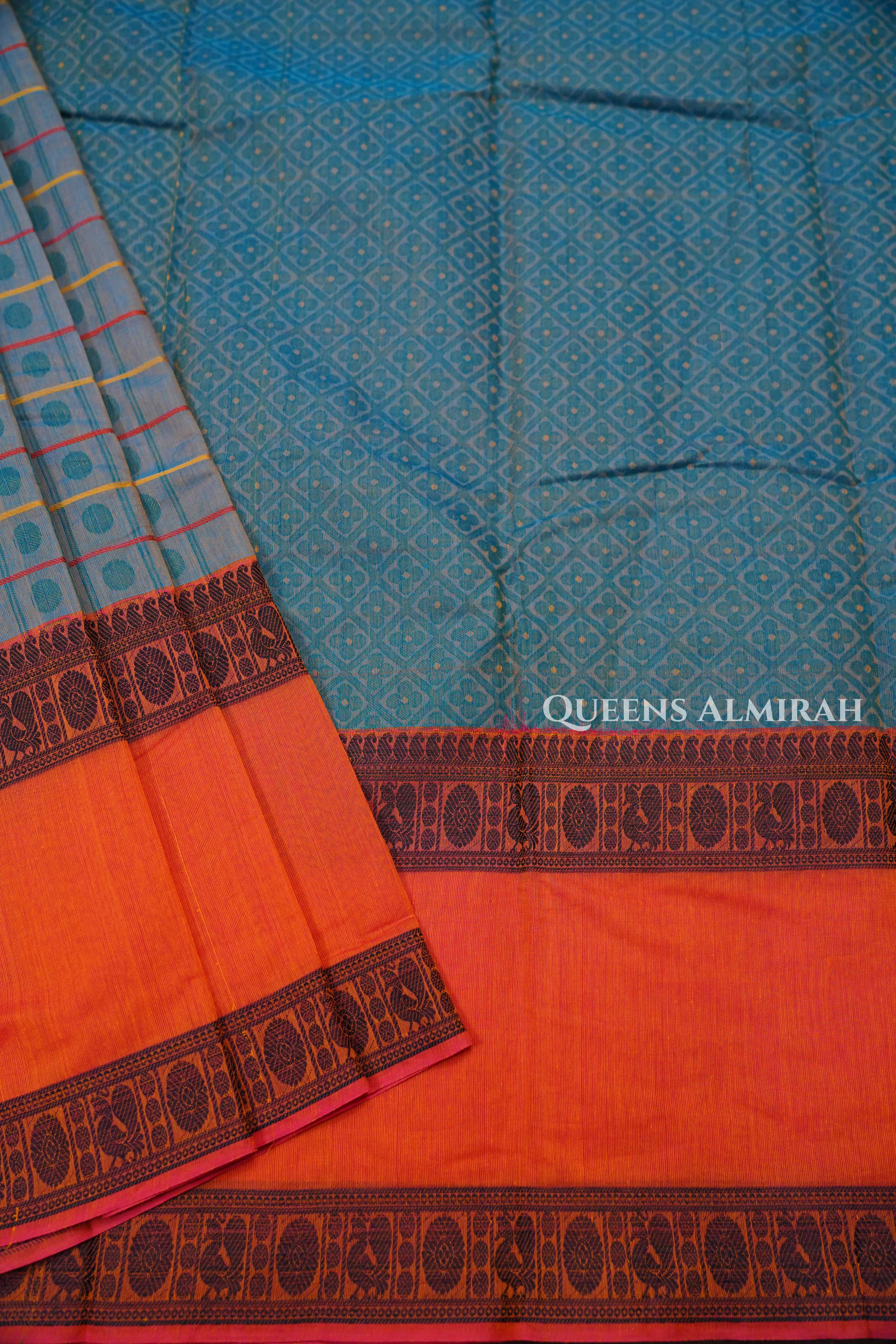 Grey With Orange Chettinad Cotton Saree