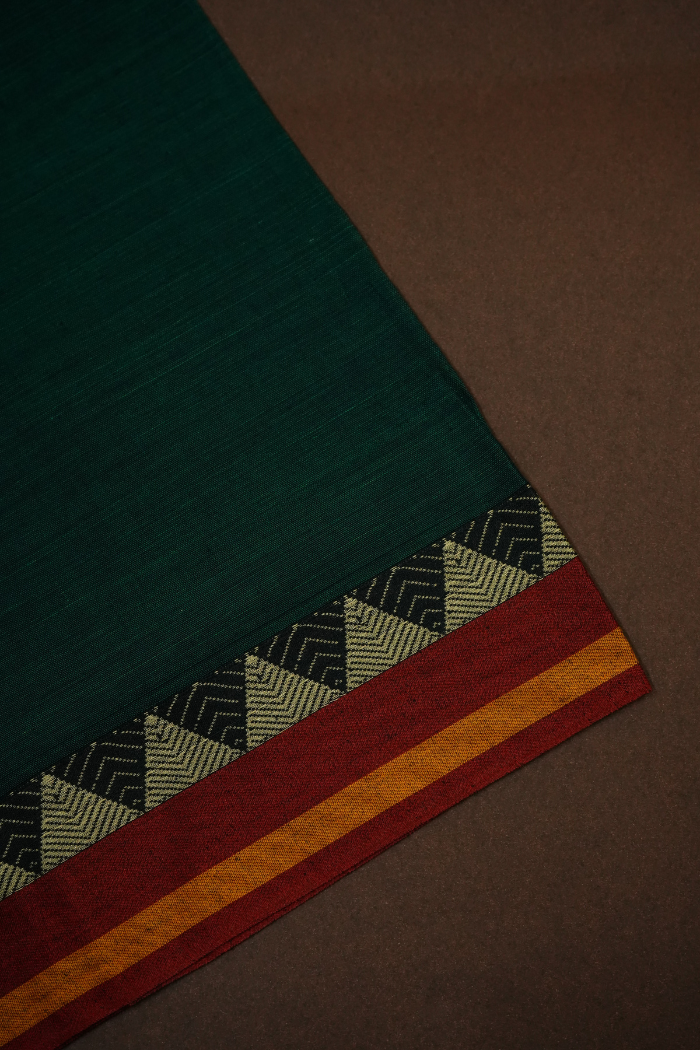 PALM GREEN WITH MULTI COLOUR LONG BRODER  NARAYANPET COTTON SAREE - Queens Jewel Emporium