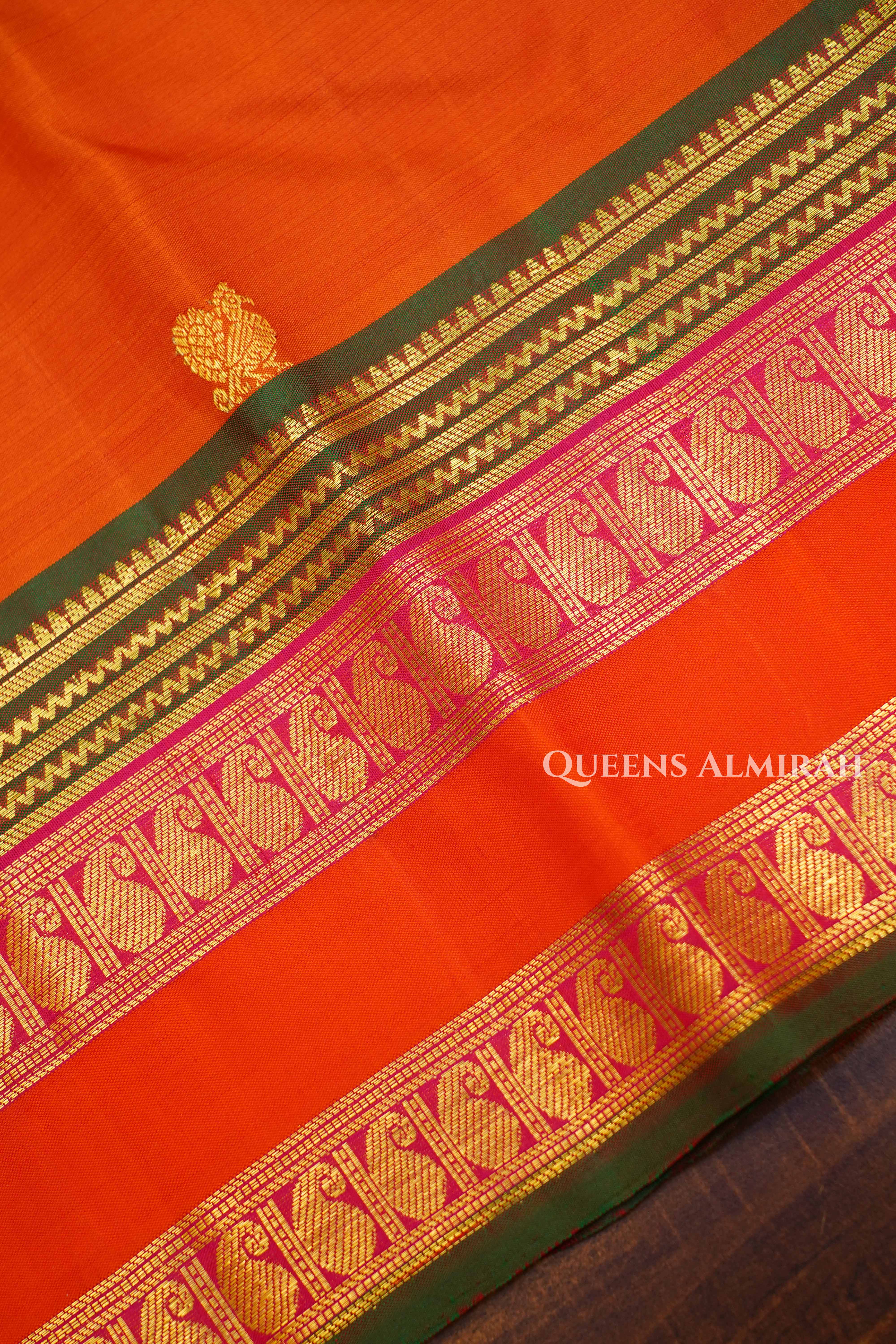 Apple Blossom With Leaf Green Pure Kanchivaram Silk Saree