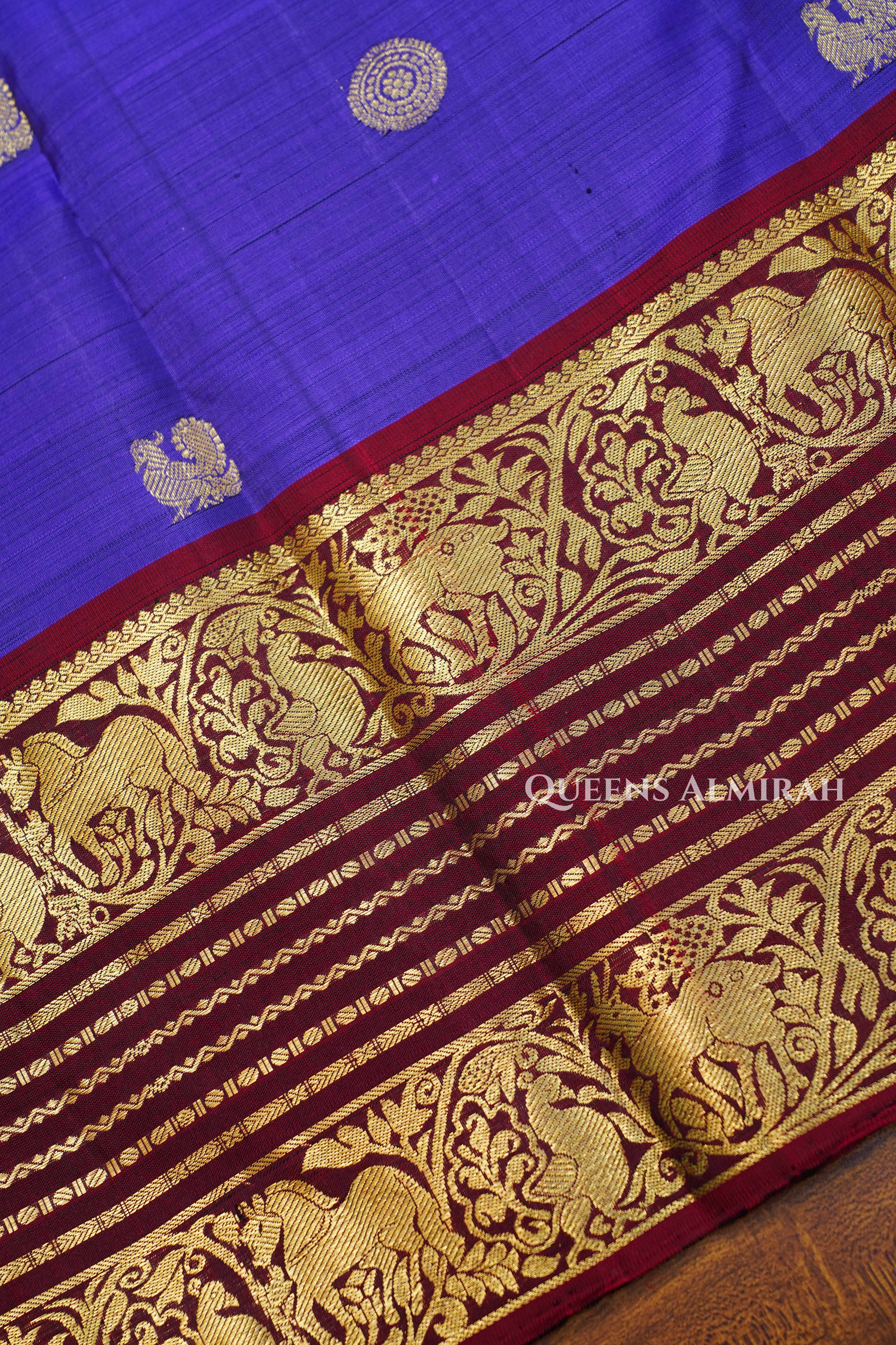 Light Indigo With Maroon Pure Kanchivaram Silk Saree