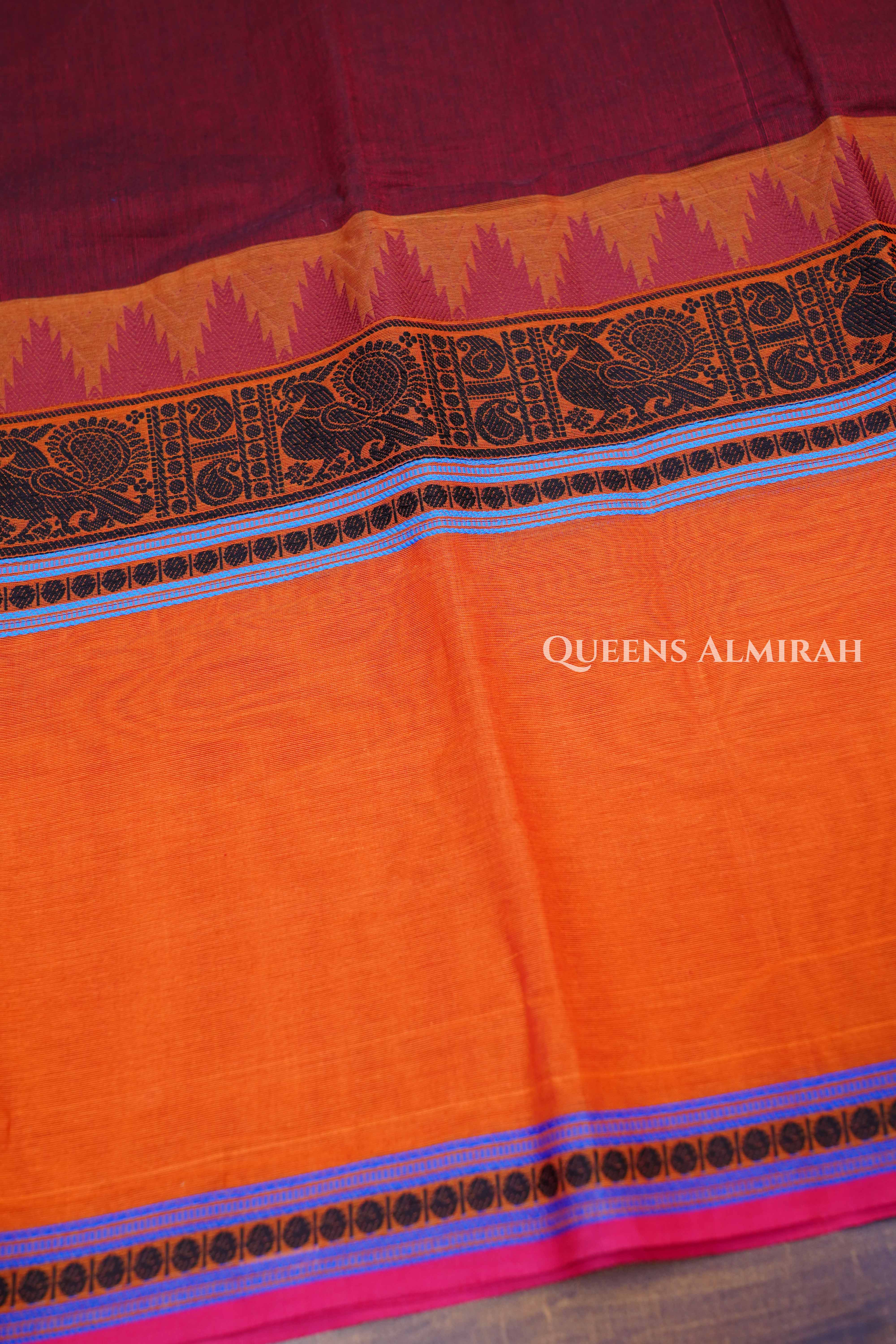 Maroonish Brown With Orange Chettinad Cotton Saree