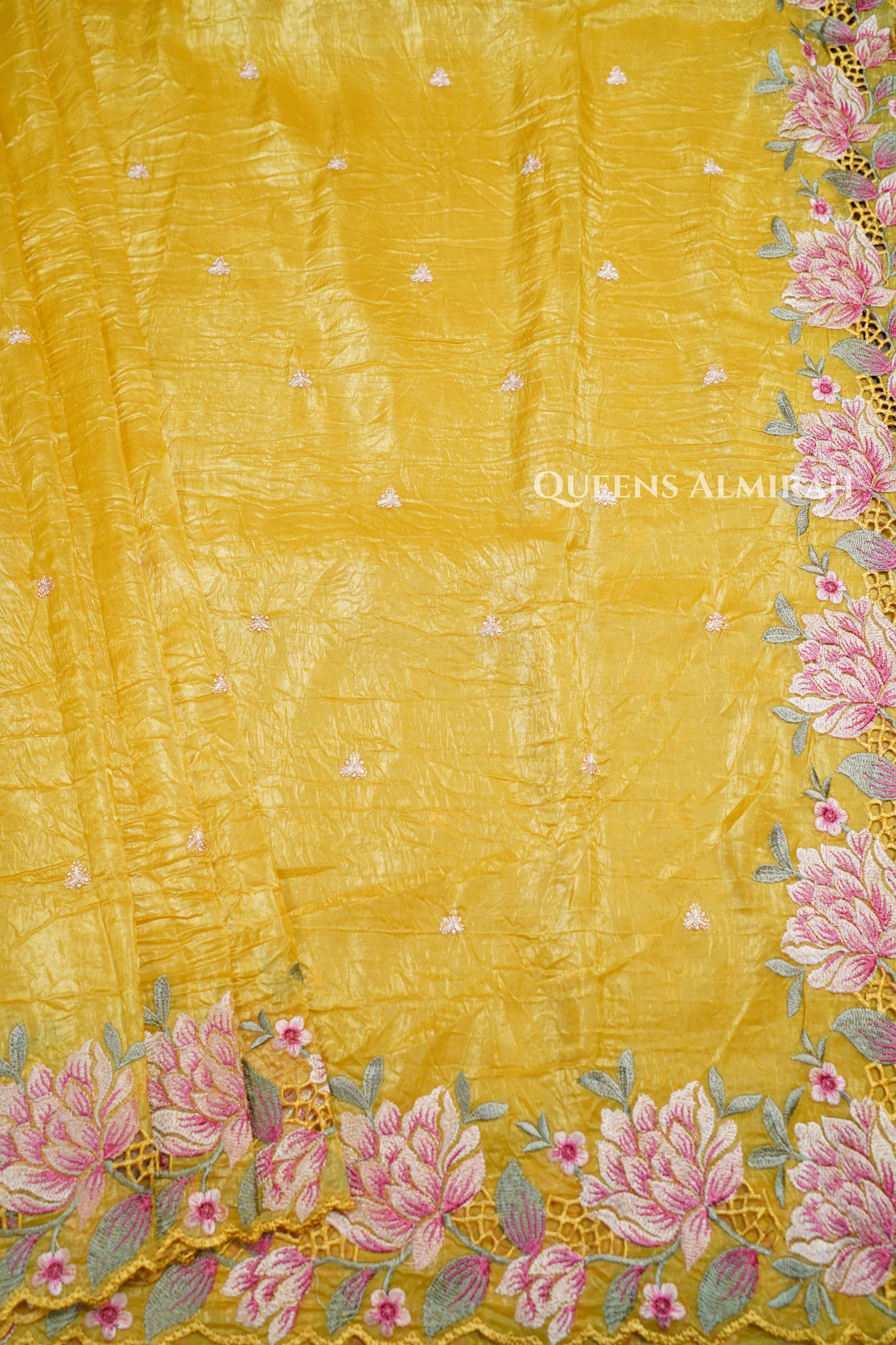 MUSTARD YELLOW GLASS TISSUE SAREE - Queens Jewel Emporium