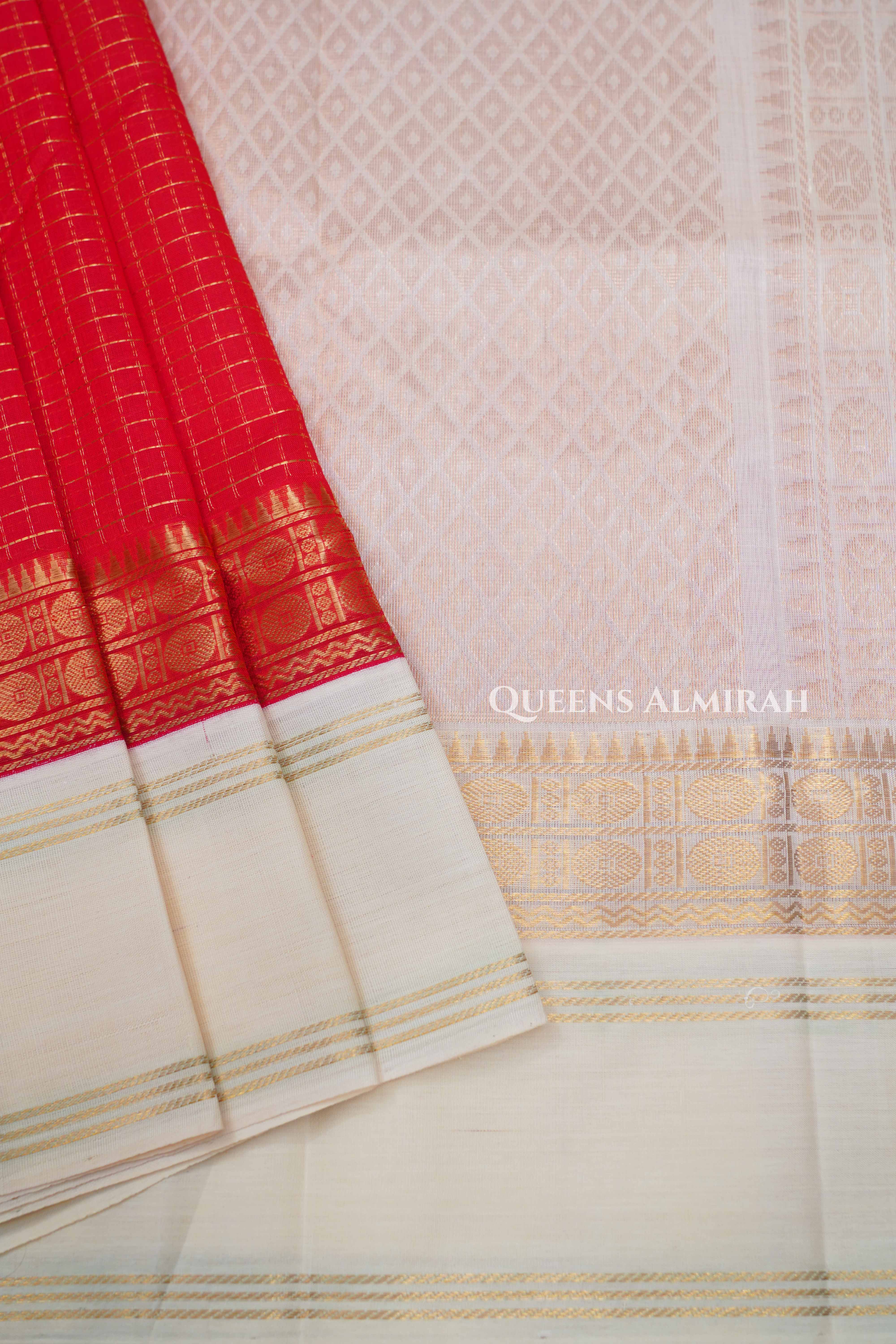Red With White Pure Kanchi Silk Cotton Saree
