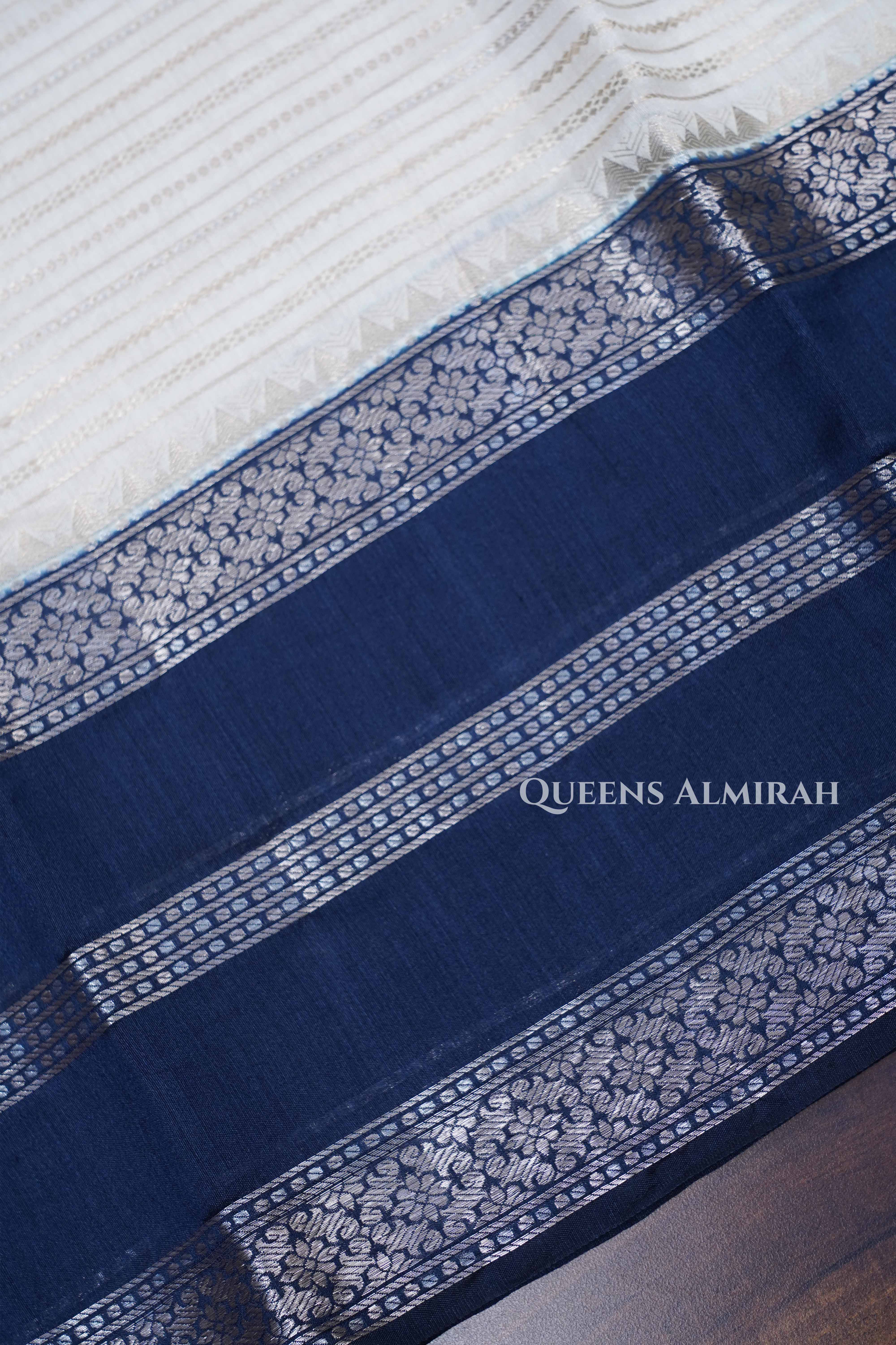 White With Dark Navy Chiniya Silk Saree