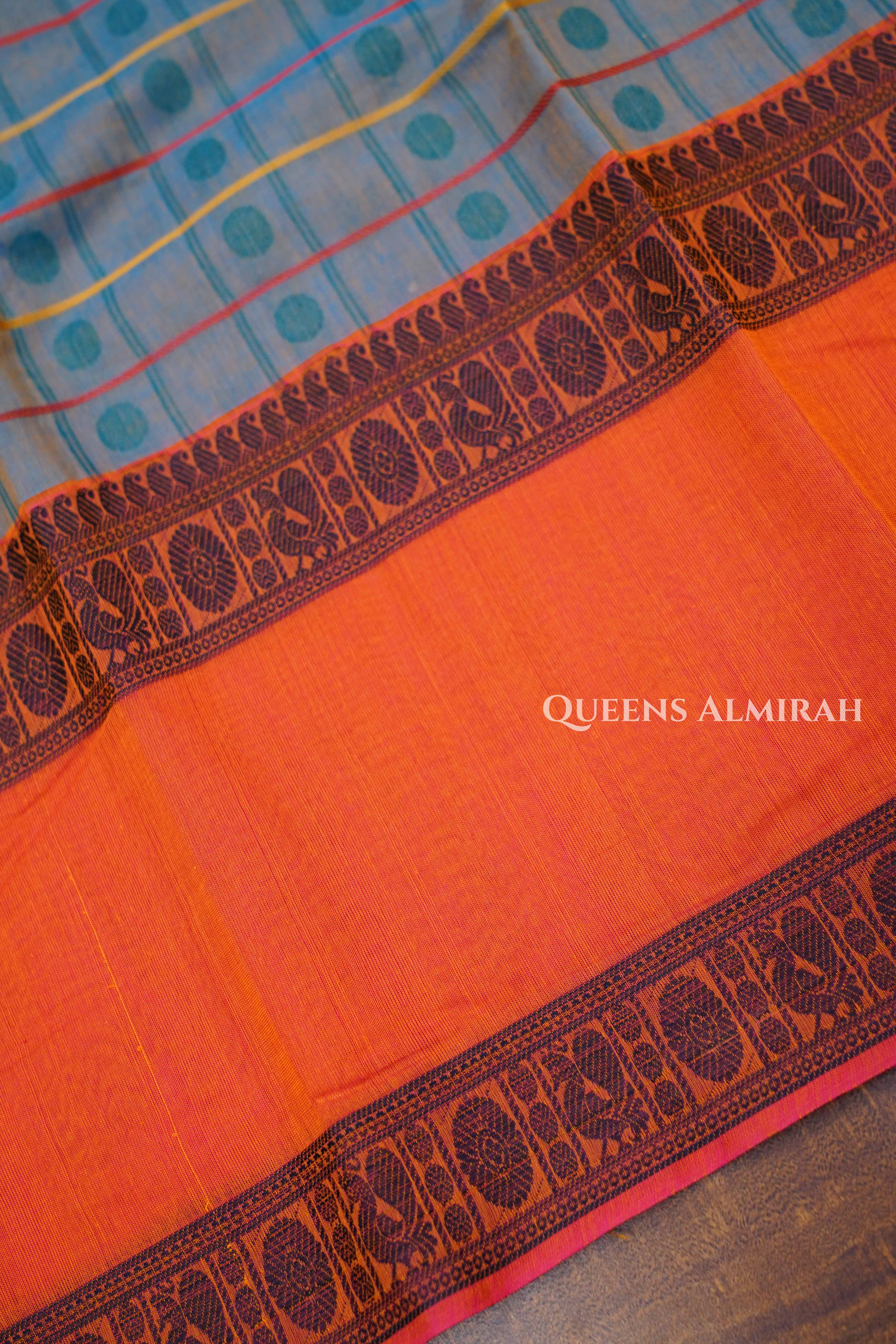 Grey With Orange Chettinad Cotton Saree