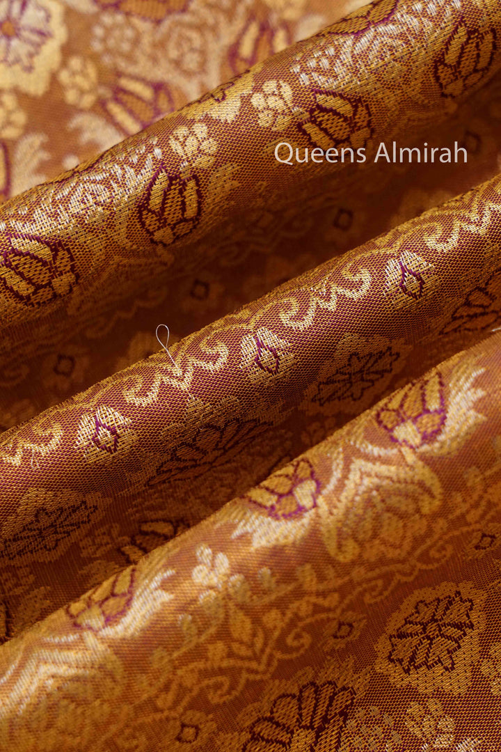 GOLD WITH WINE BERRY PURE KANCHIVARAM SILK SAREE - Queens Jewel Emporium
