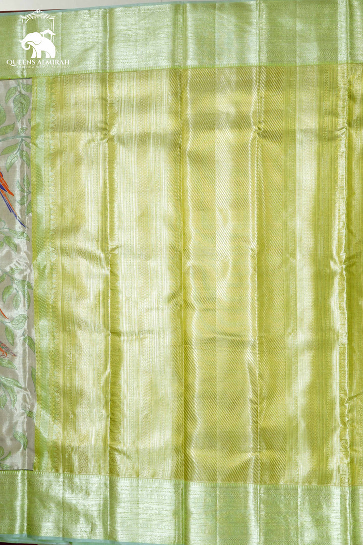 LIGHT CREAM WITH PISTA GREEN KANCHIVARAM SILK SAREE - Queens Jewel Emporium