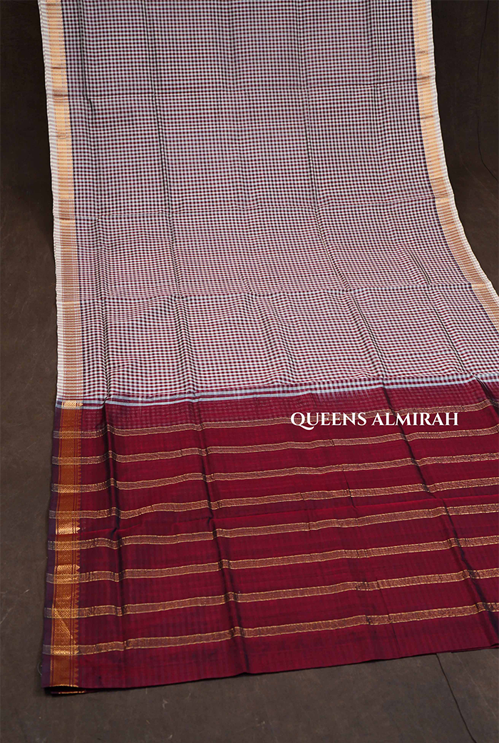 Maroon And White Checked Pure Silk Cotton Saree