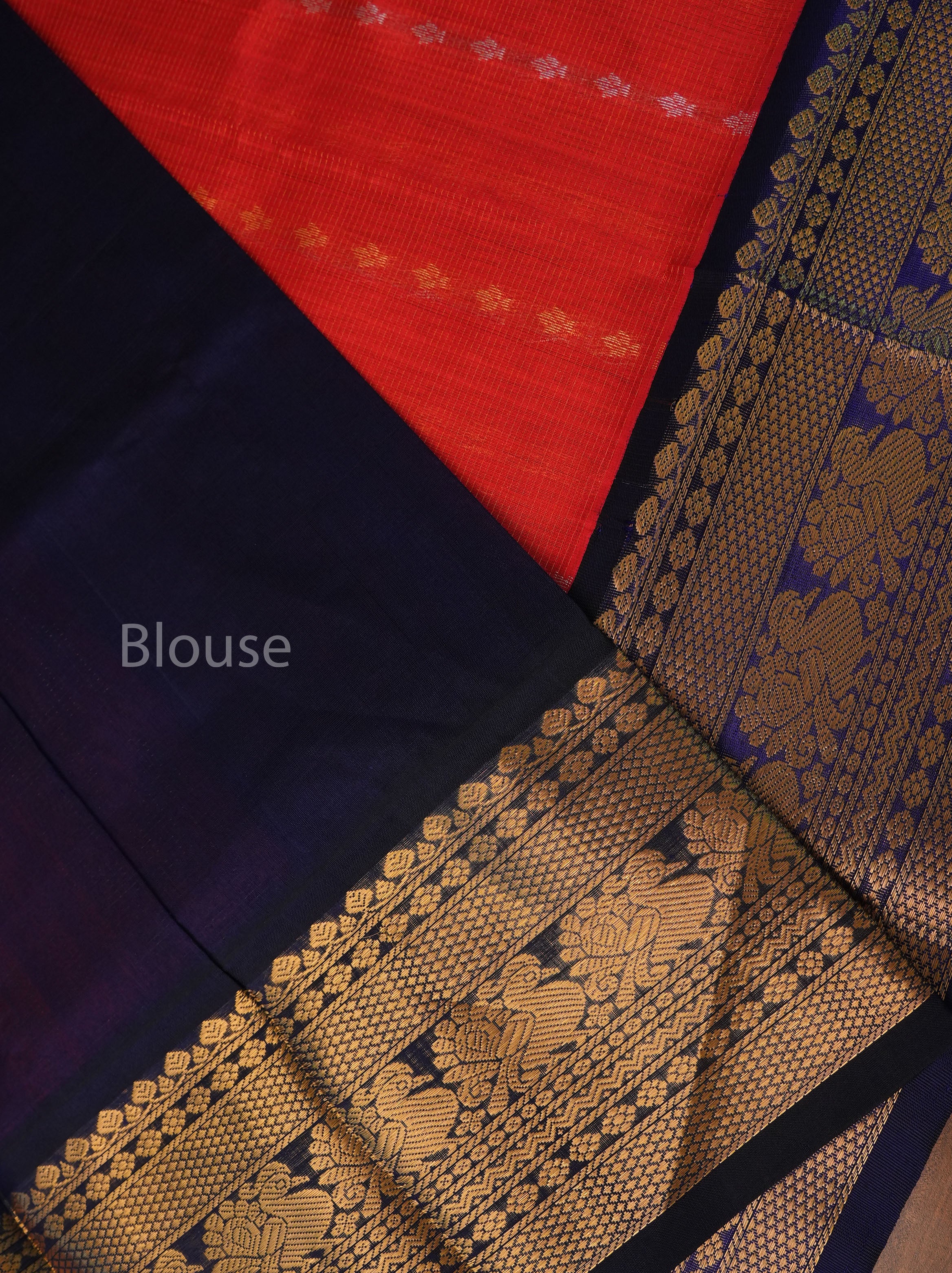 Tomato Red With Navy Blue Pure Silk Cotton Saree