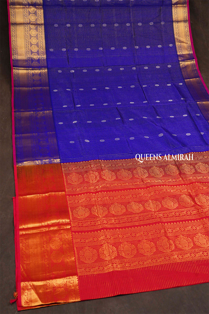 Navy Blue Kattam With Pink Long and Short Border Pure Silk Cotton Saree
