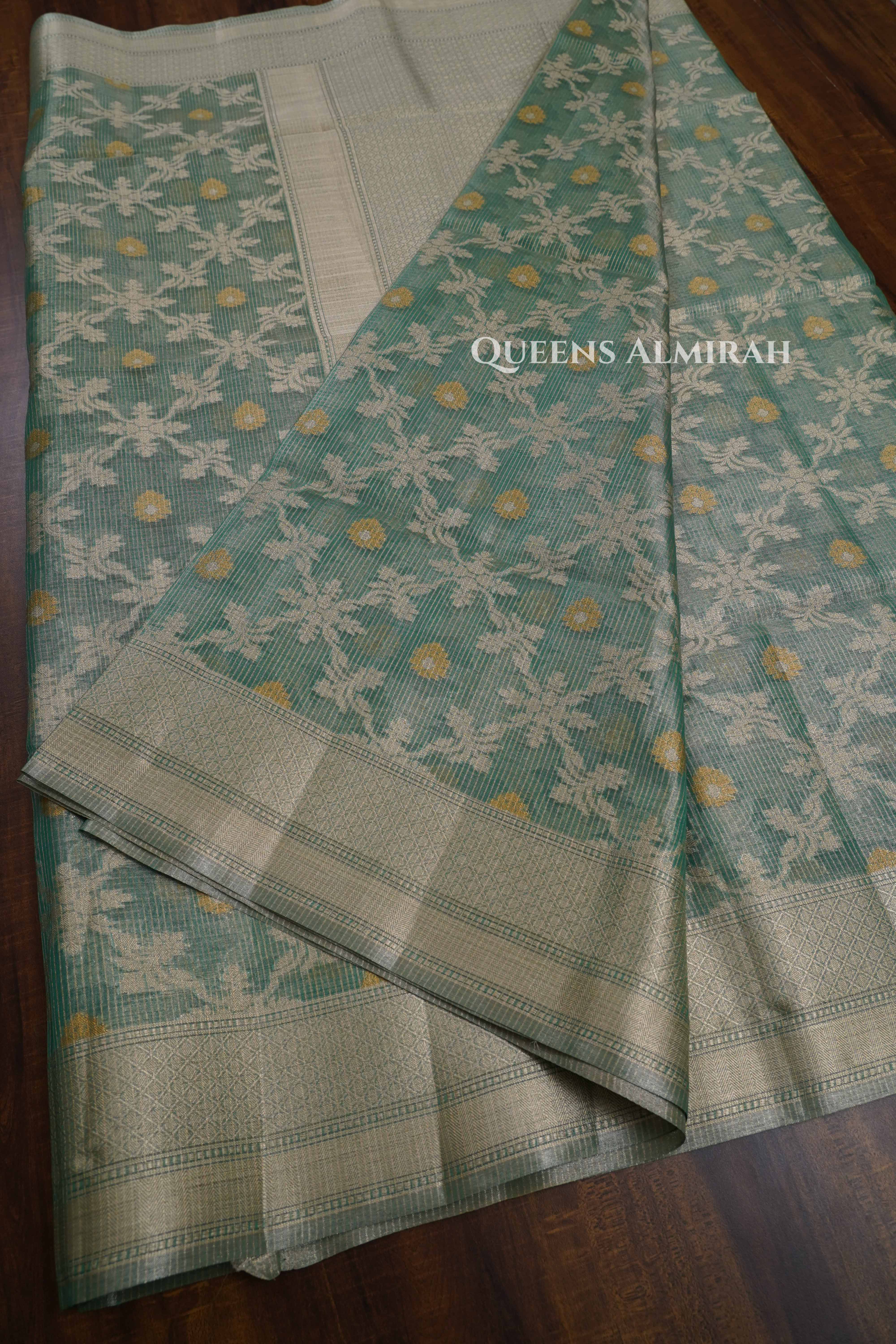 Olive Green Semi Banarasi Organza Saree