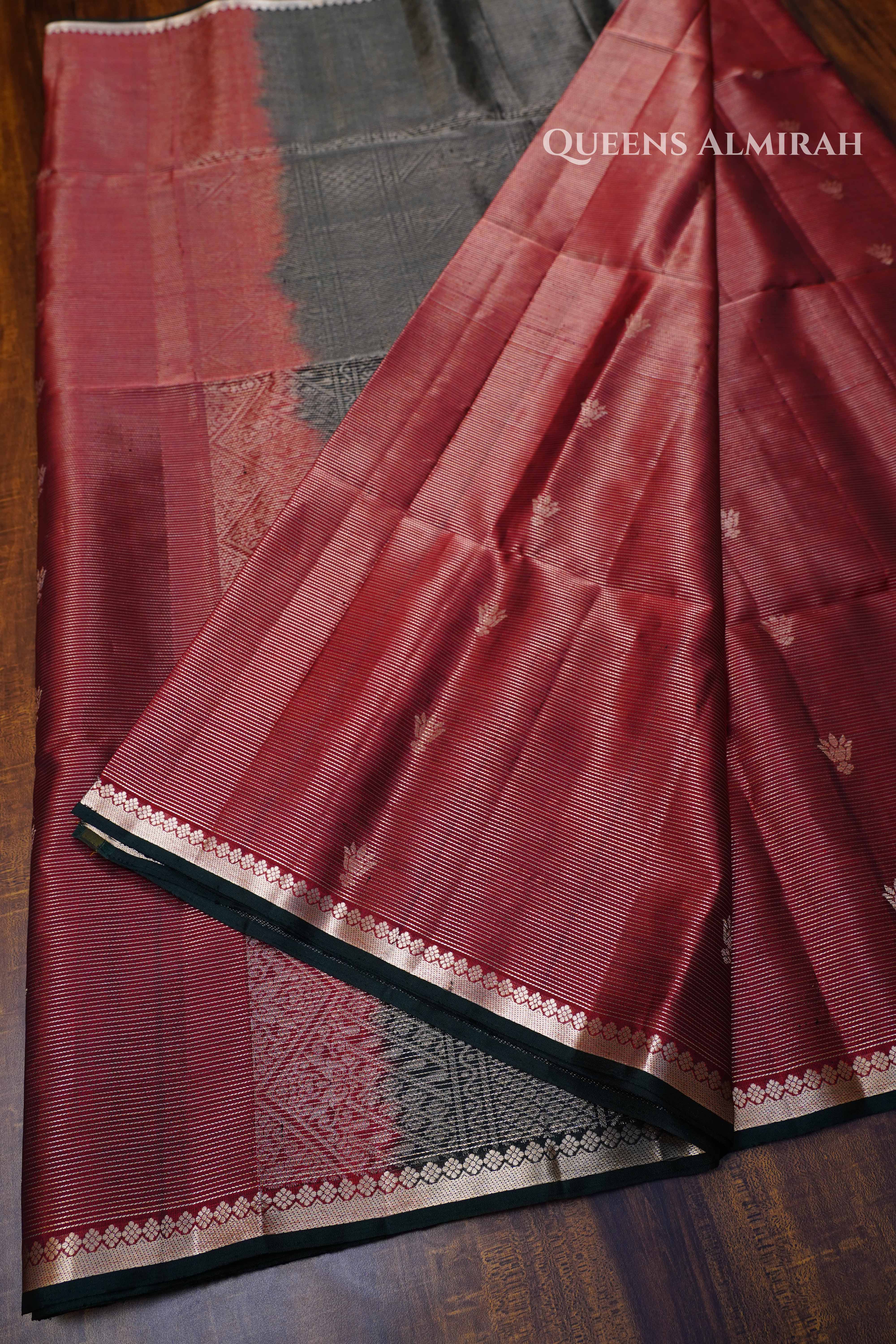 Red Brown With Dark Green Pure Soft Silk Saree