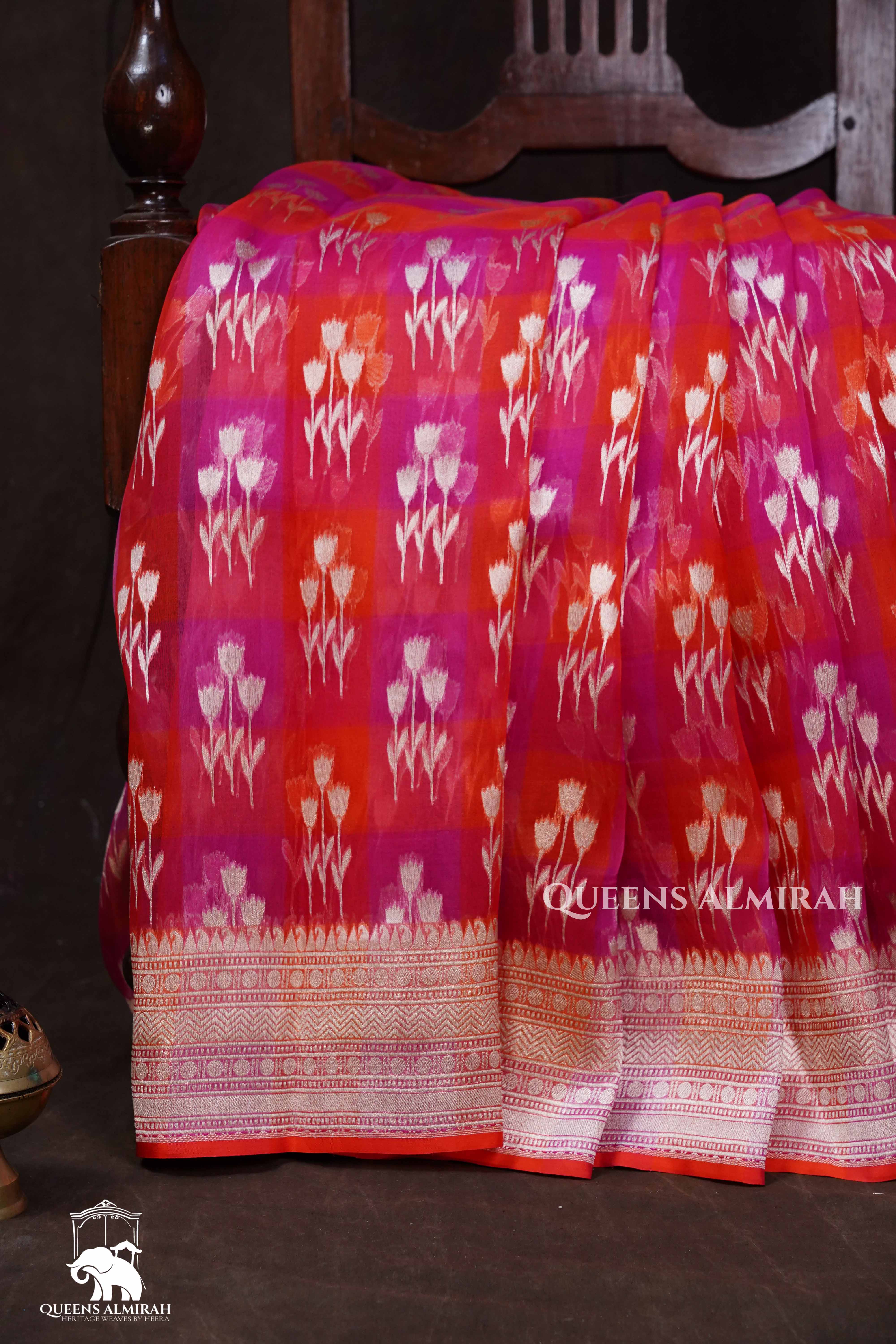 Pink With Orange Banarasi Organza Silk Saree