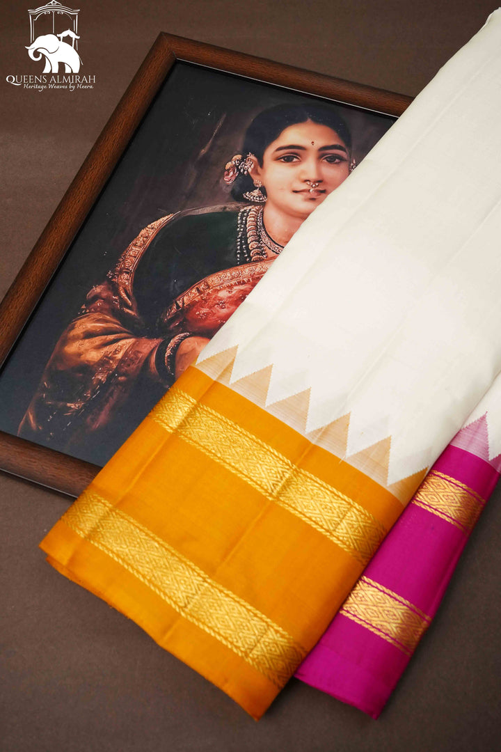 WHITE WITH MANGO YELLOW AND JAZZBERRYJAM PINK PURE KANCHIVARAM SILK SAREE - Queens Jewel Emporium