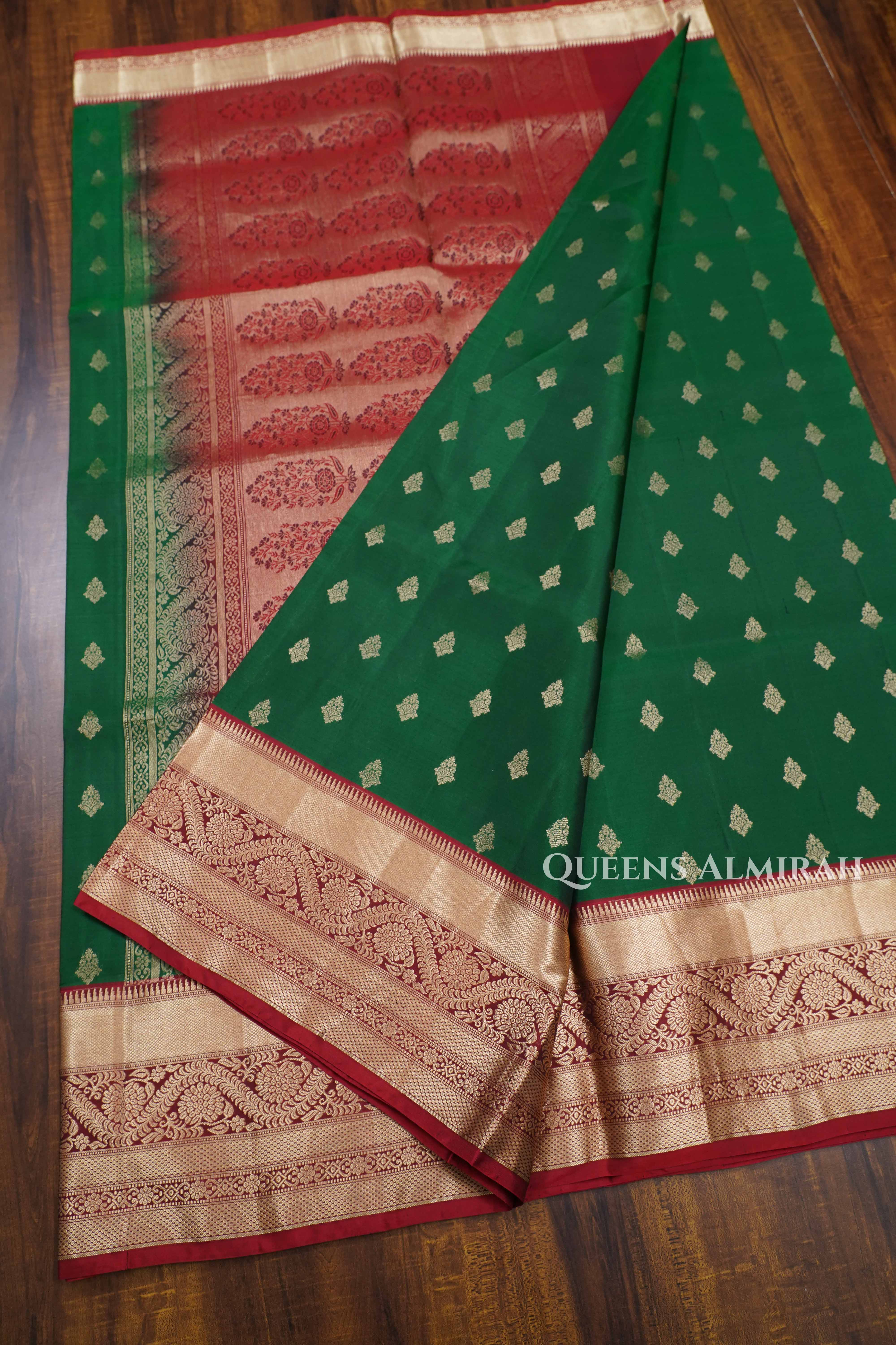 Green With Red Pure Soft Silk Saree