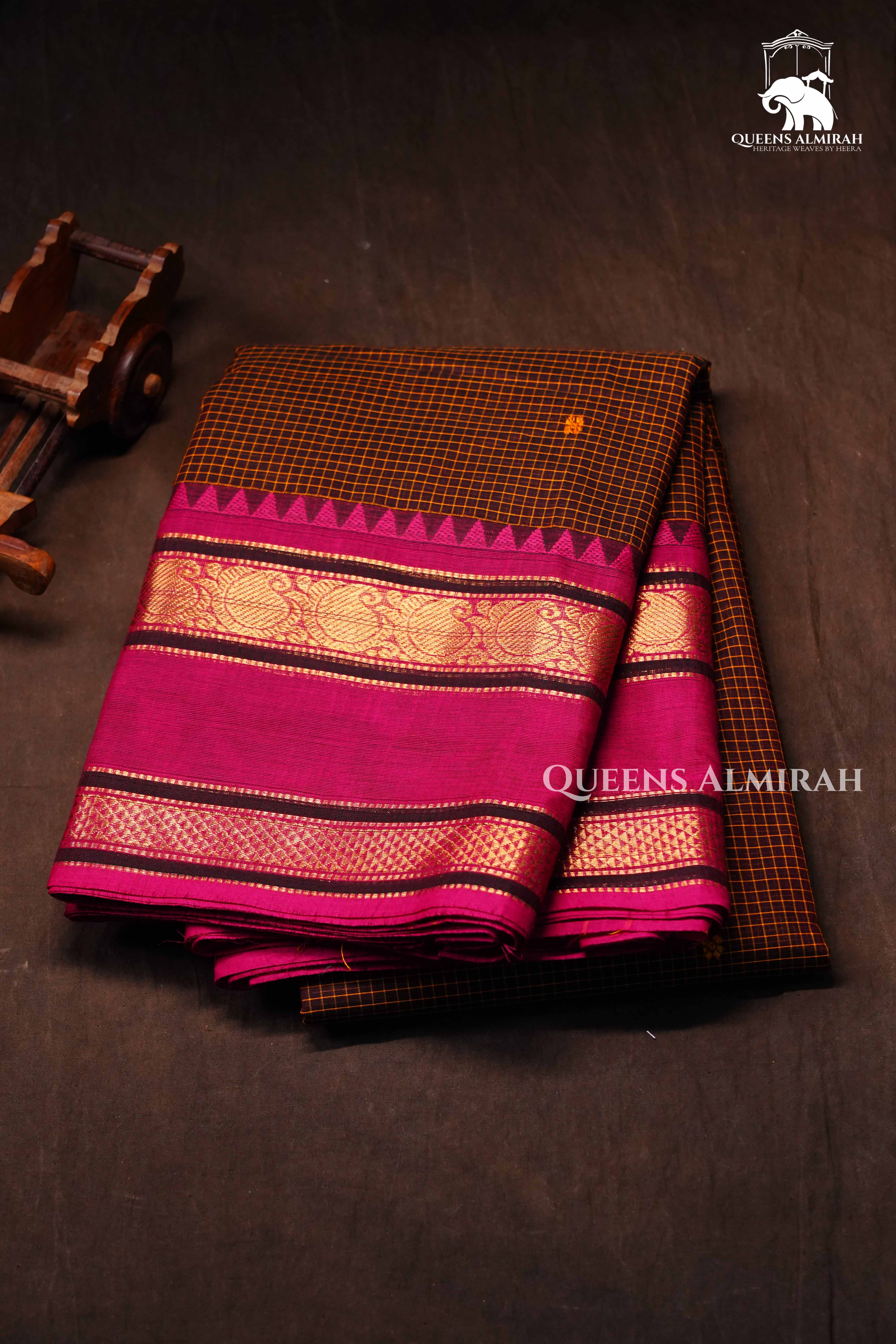 Dark Brown With RaniPink Kanchi Cotton Saree