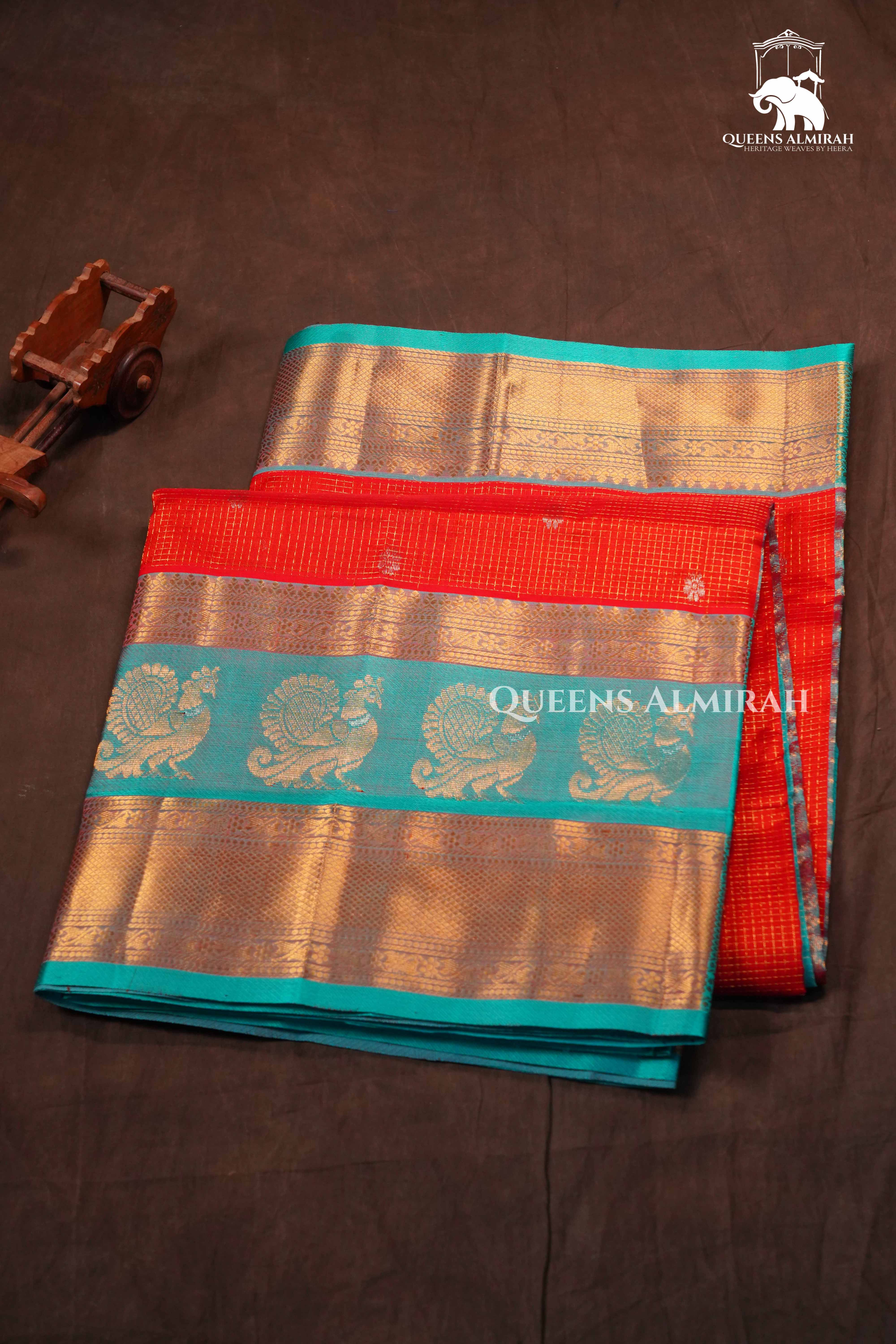 Orange With Sky Blue Pure Kanchi Silk Cotton Saree