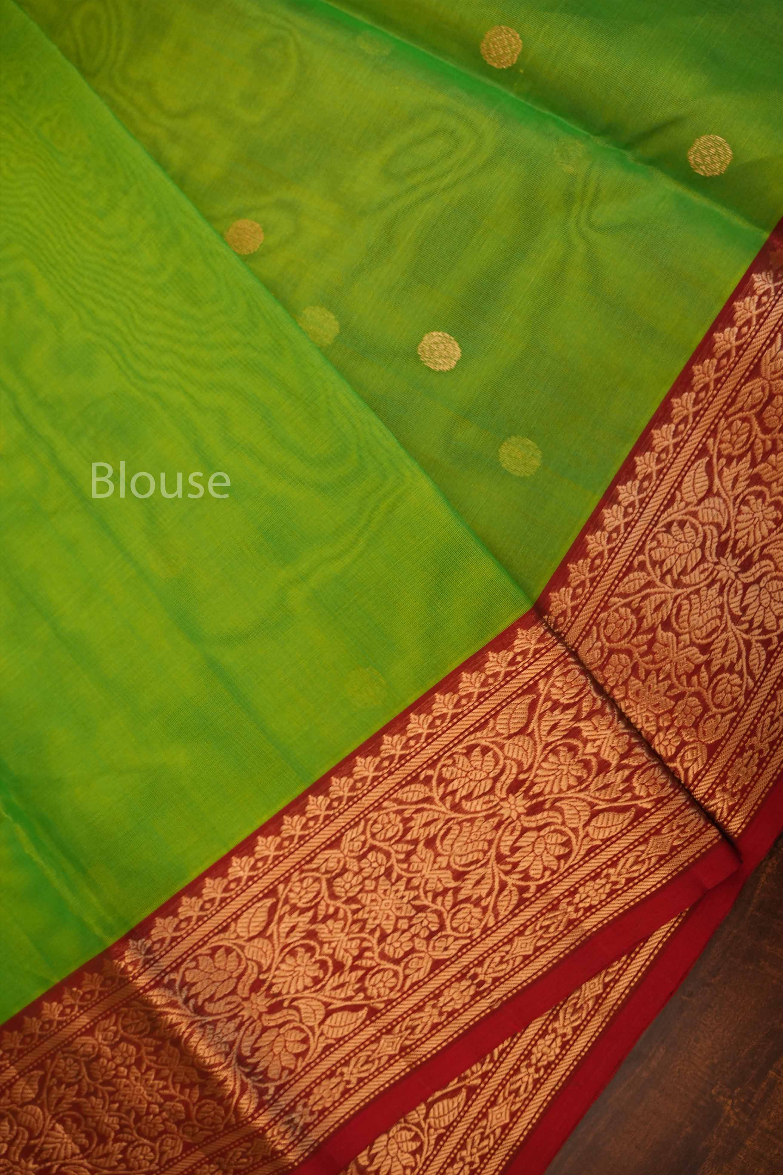 Parrot Green With Red Chanderi Katan Silk Handloom Saree
