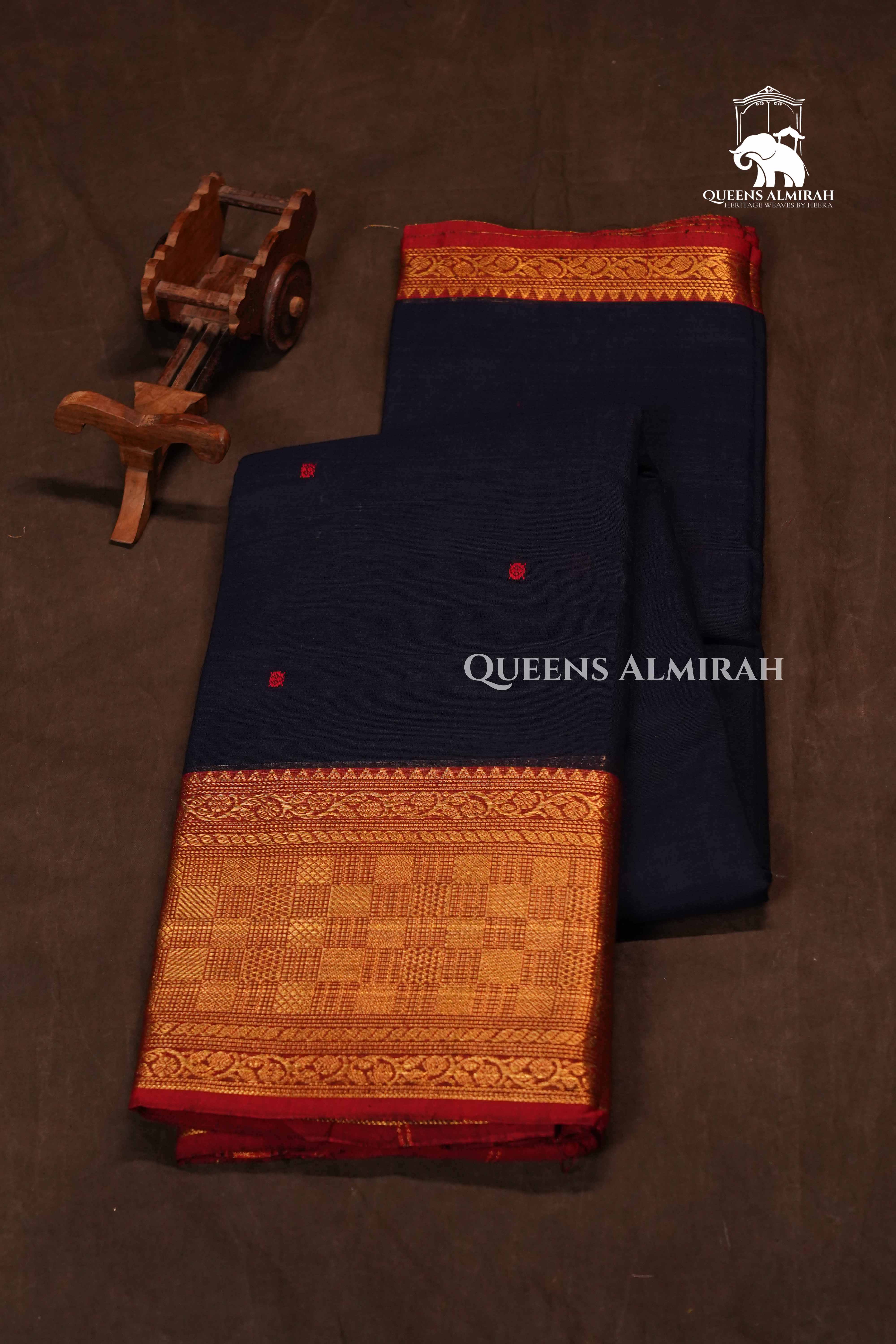 Dark Navy Blue With Red  Kanchi Cotton Saree
