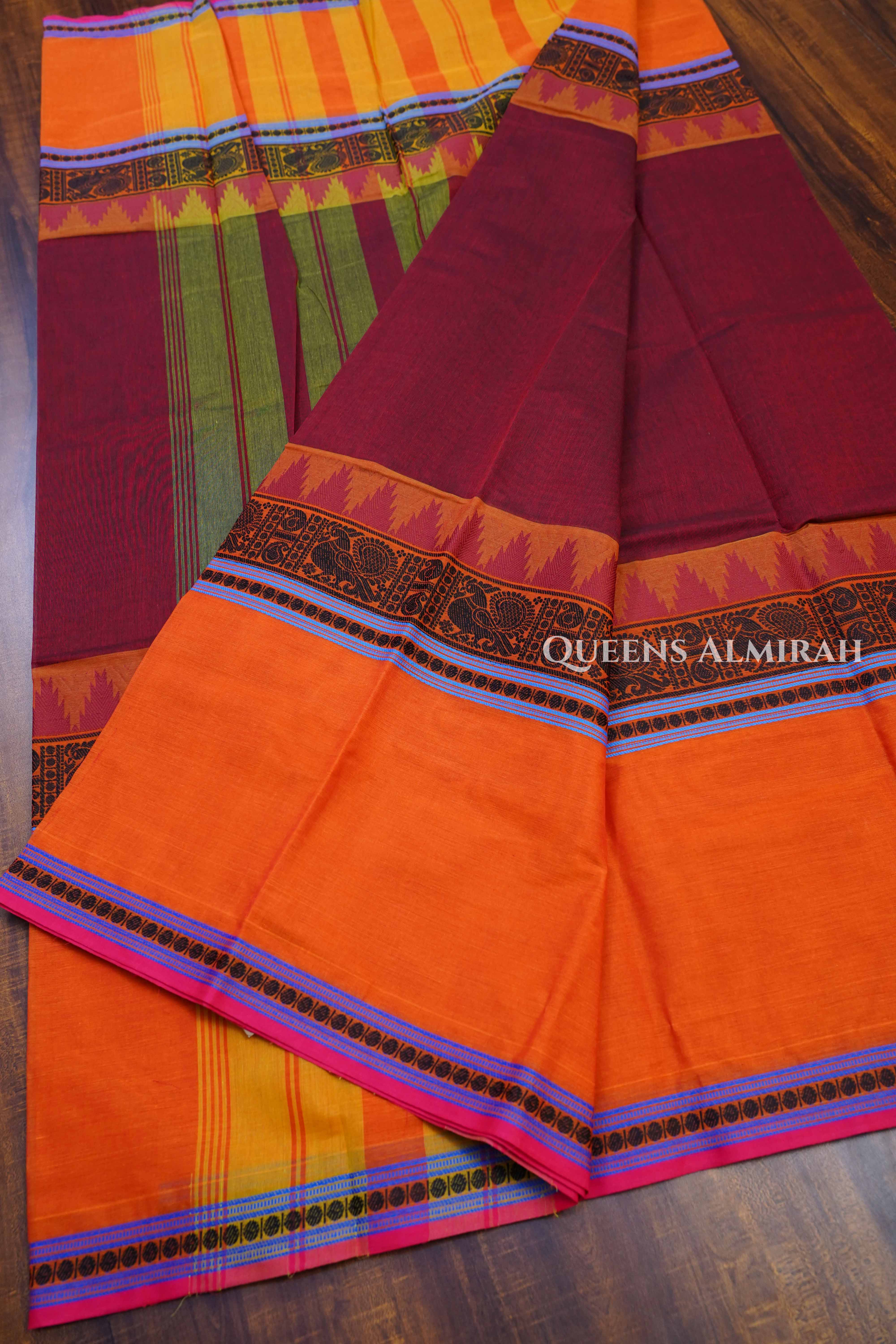 Maroonish Brown With Orange Chettinad Cotton Saree
