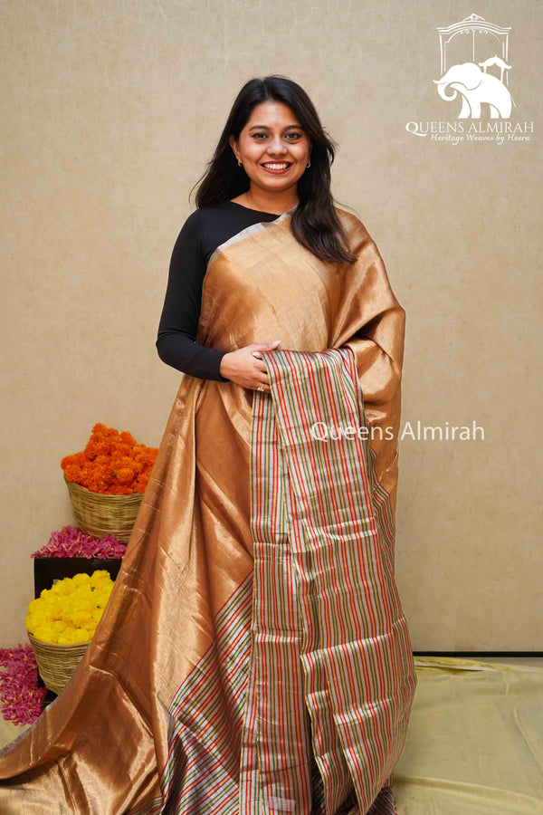 GOLDEN WITH RED AND GREEN VERTICAL STRIPES KATAN CHANDERI SILK SAREE - Queens Jewel Emporium