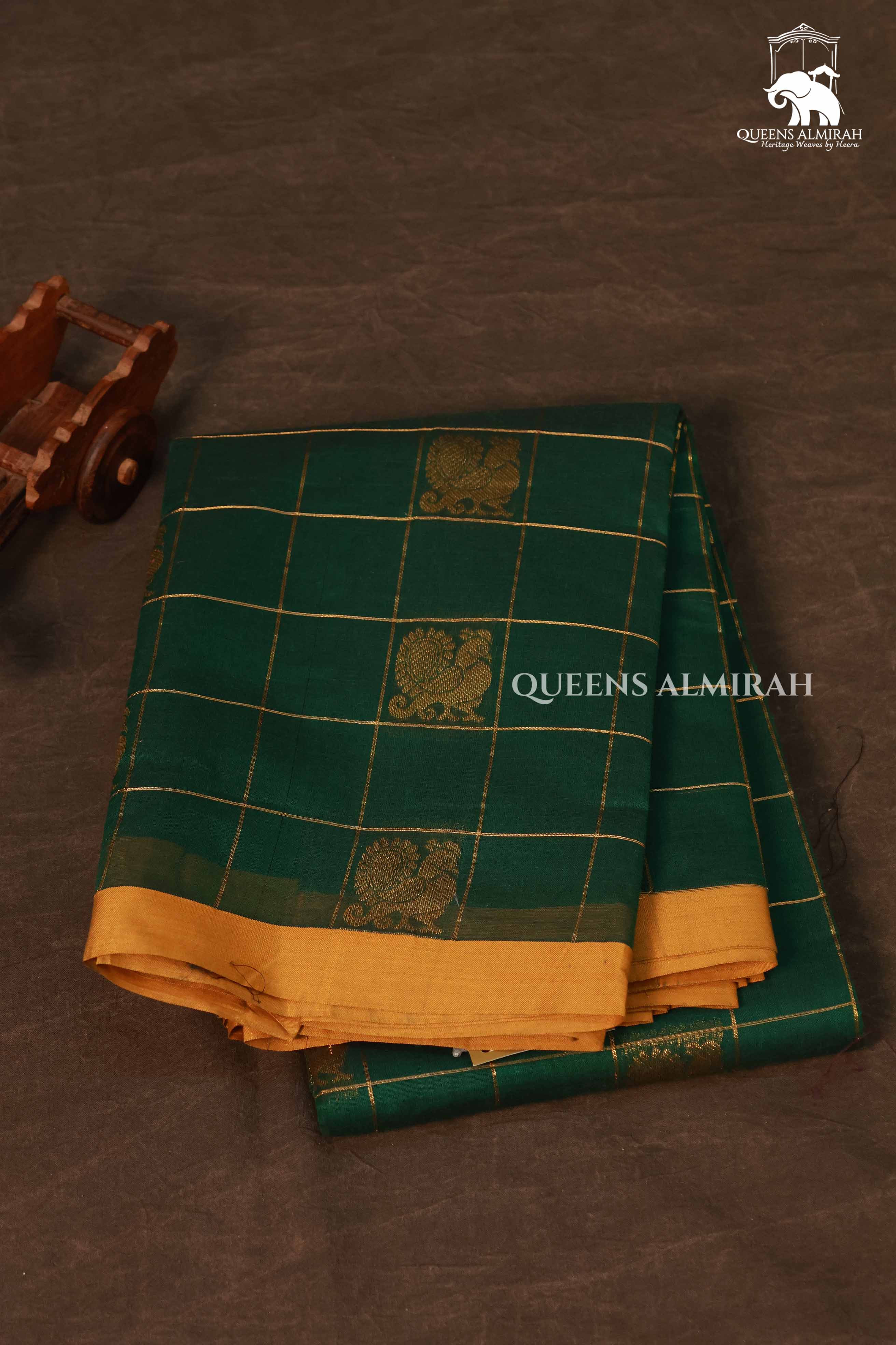Dark Green Kattam With Peacock Butta Kanchi Cotton Saree