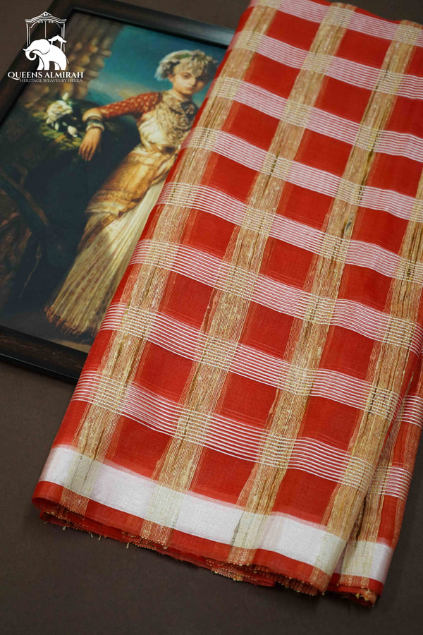 LAVA RED GHICHA ORAGANZA SAREE - Queens Jewel Emporium