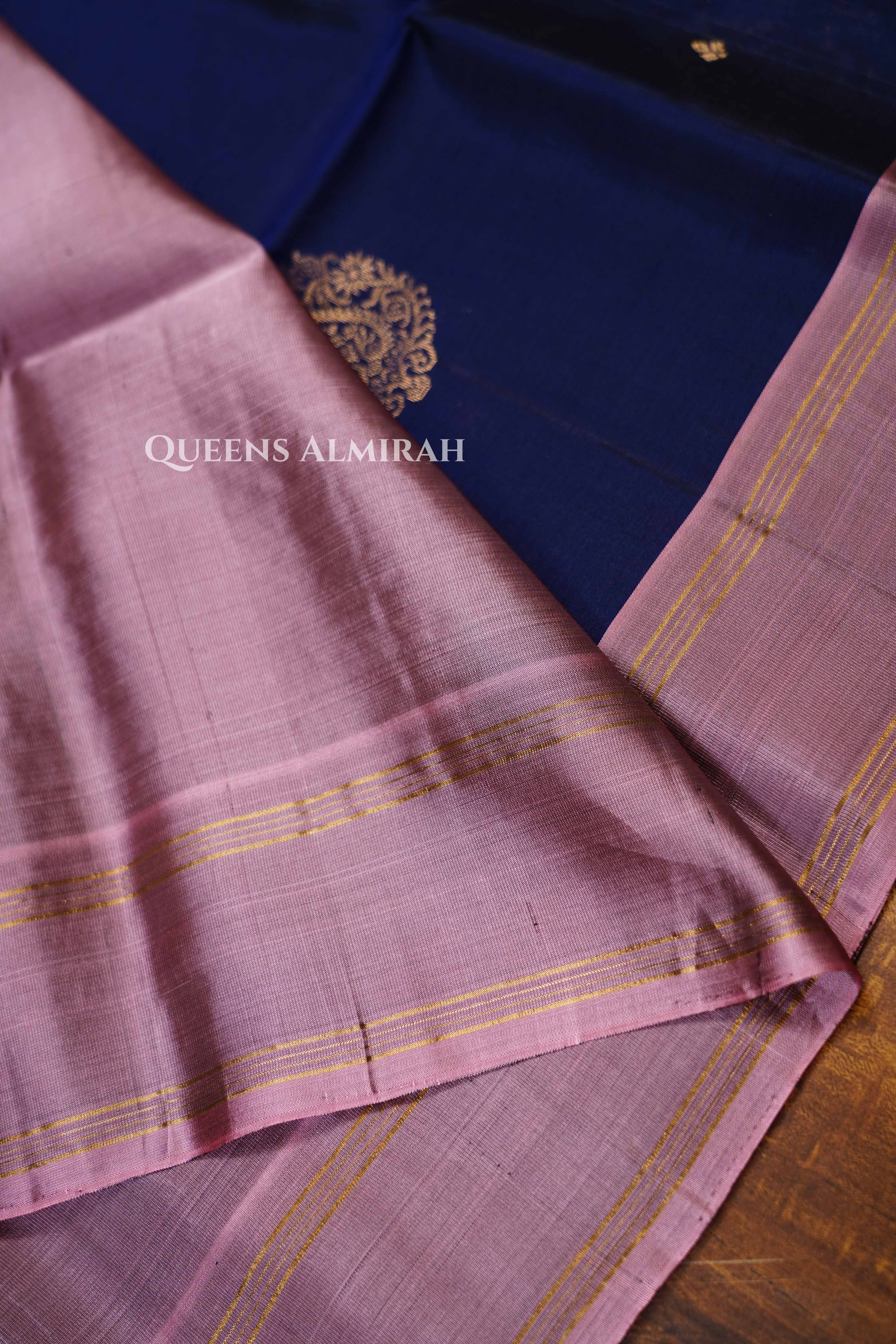 Navy Blue With Dusky Rose Pure Soft Silk Saree