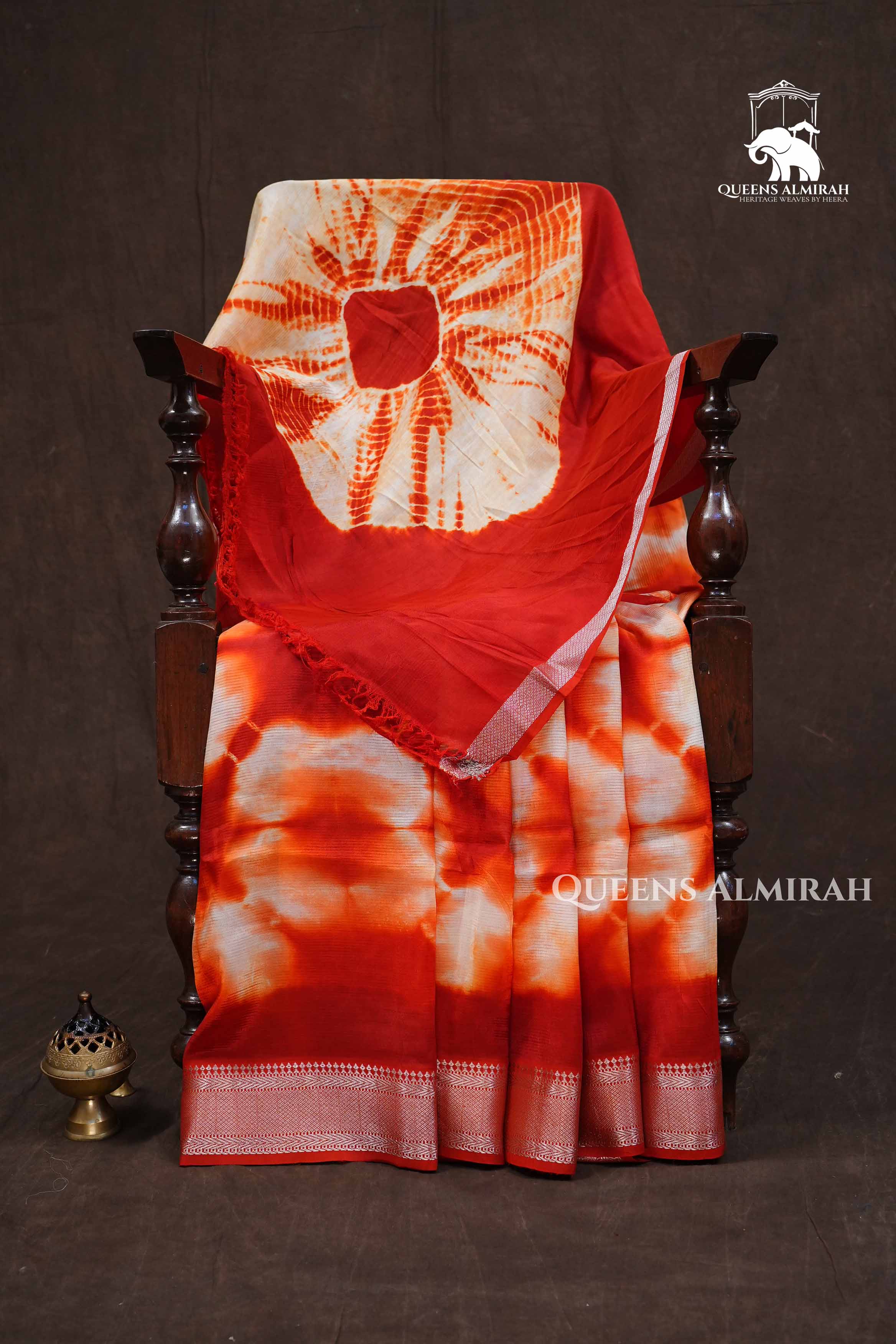 Rust Orange With White Shibori Mangalgiri Saree