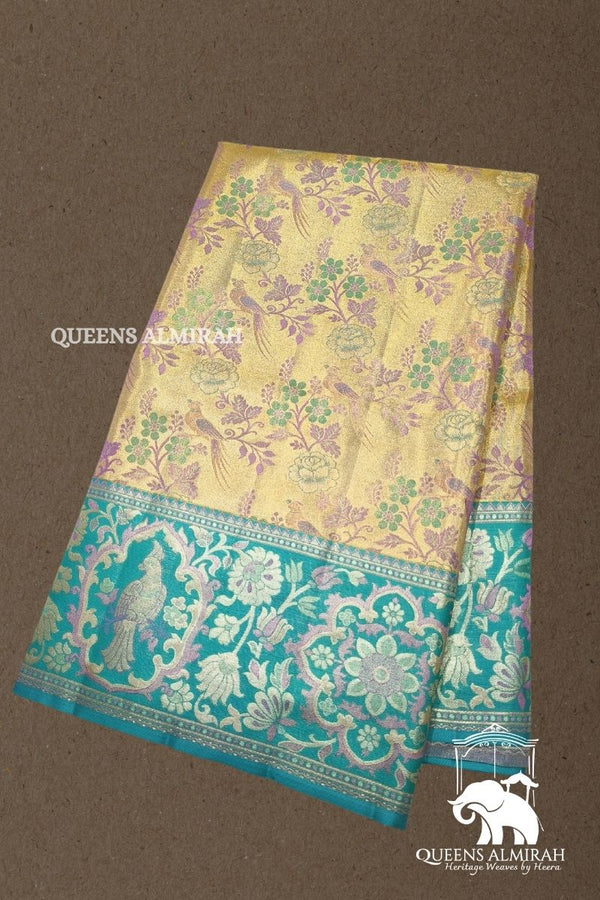 GOLD WITH BLUE PURE KANCHIVARAM SILK SAREE - Queens Jewel Emporium