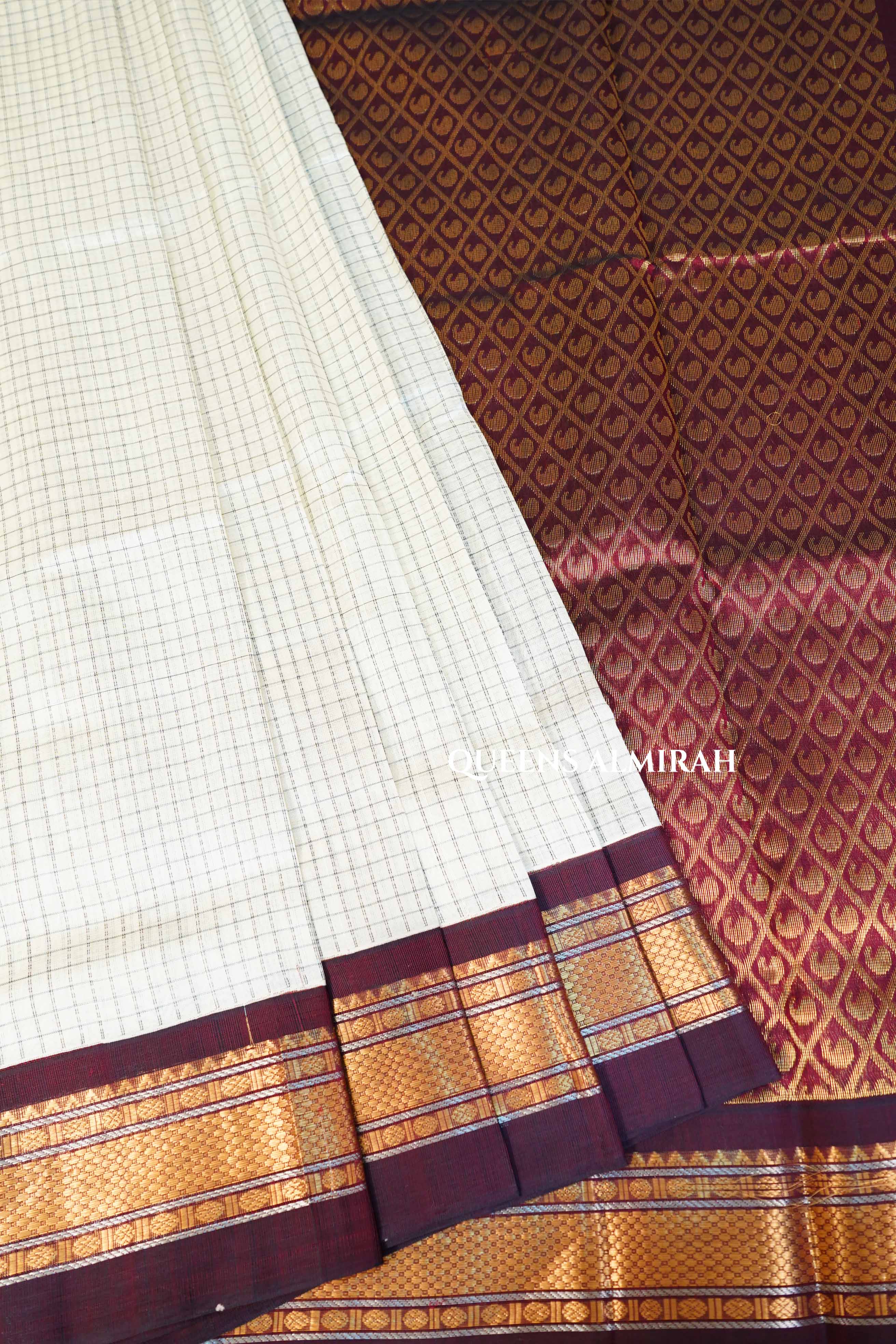 White Kattam And Maroon Pure Silk Cotton Saree