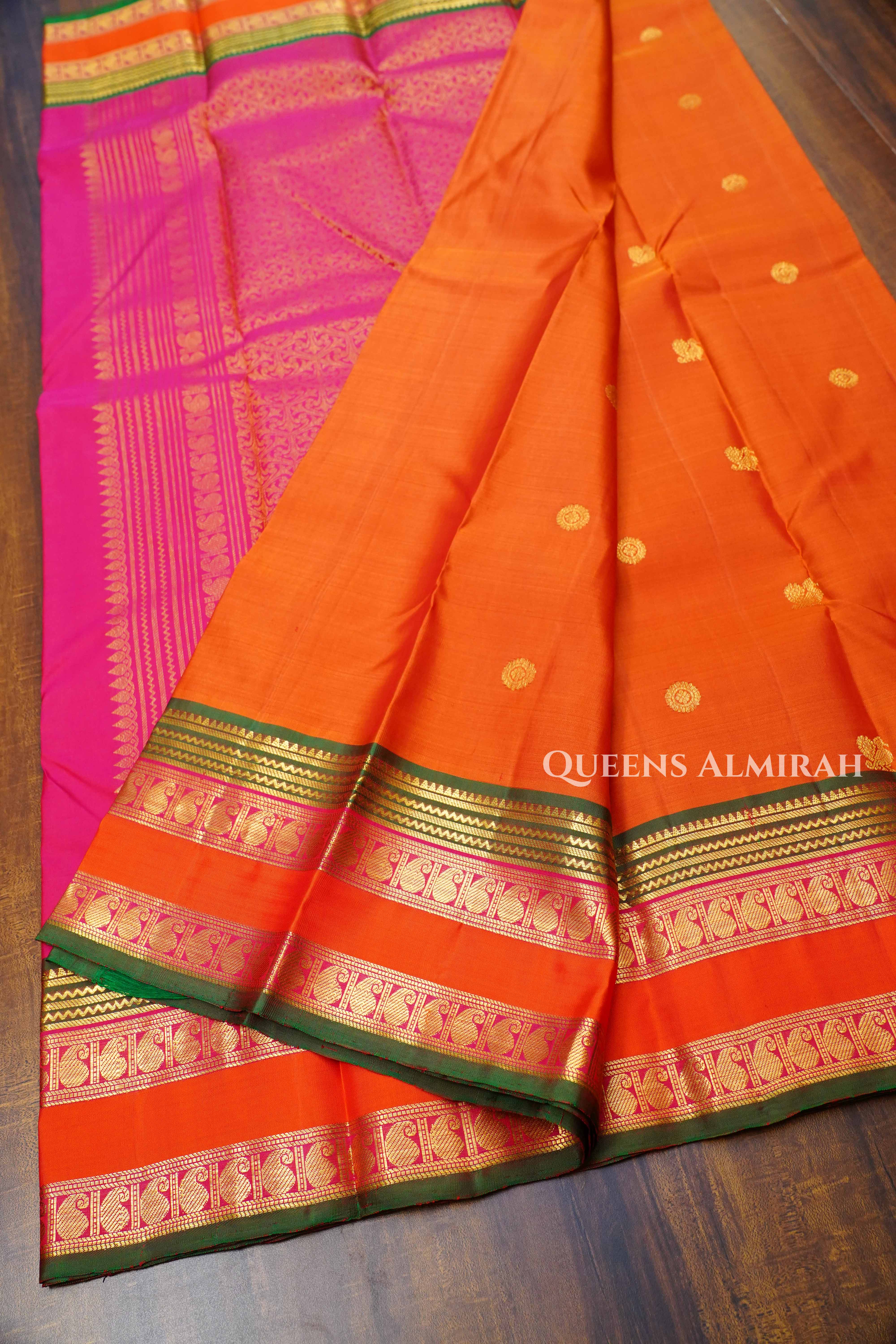 Apple Blossom With Leaf Green Pure Kanchivaram Silk Saree