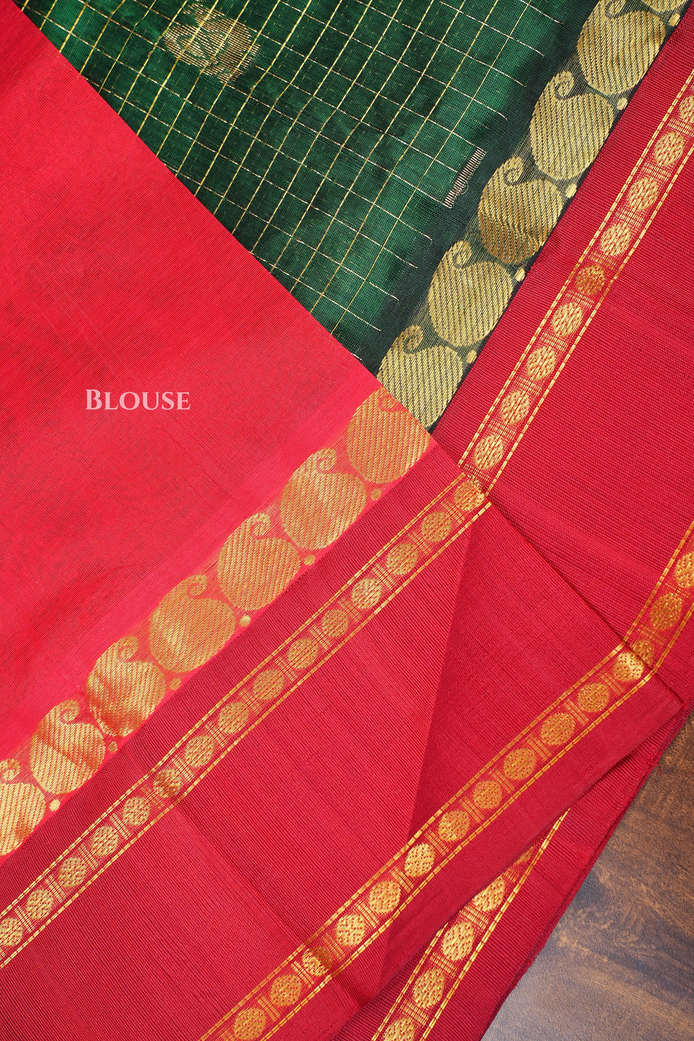 Dark Green Kattam With Red Rettapet BorderPure Kanchi Silk Cotton Saree
