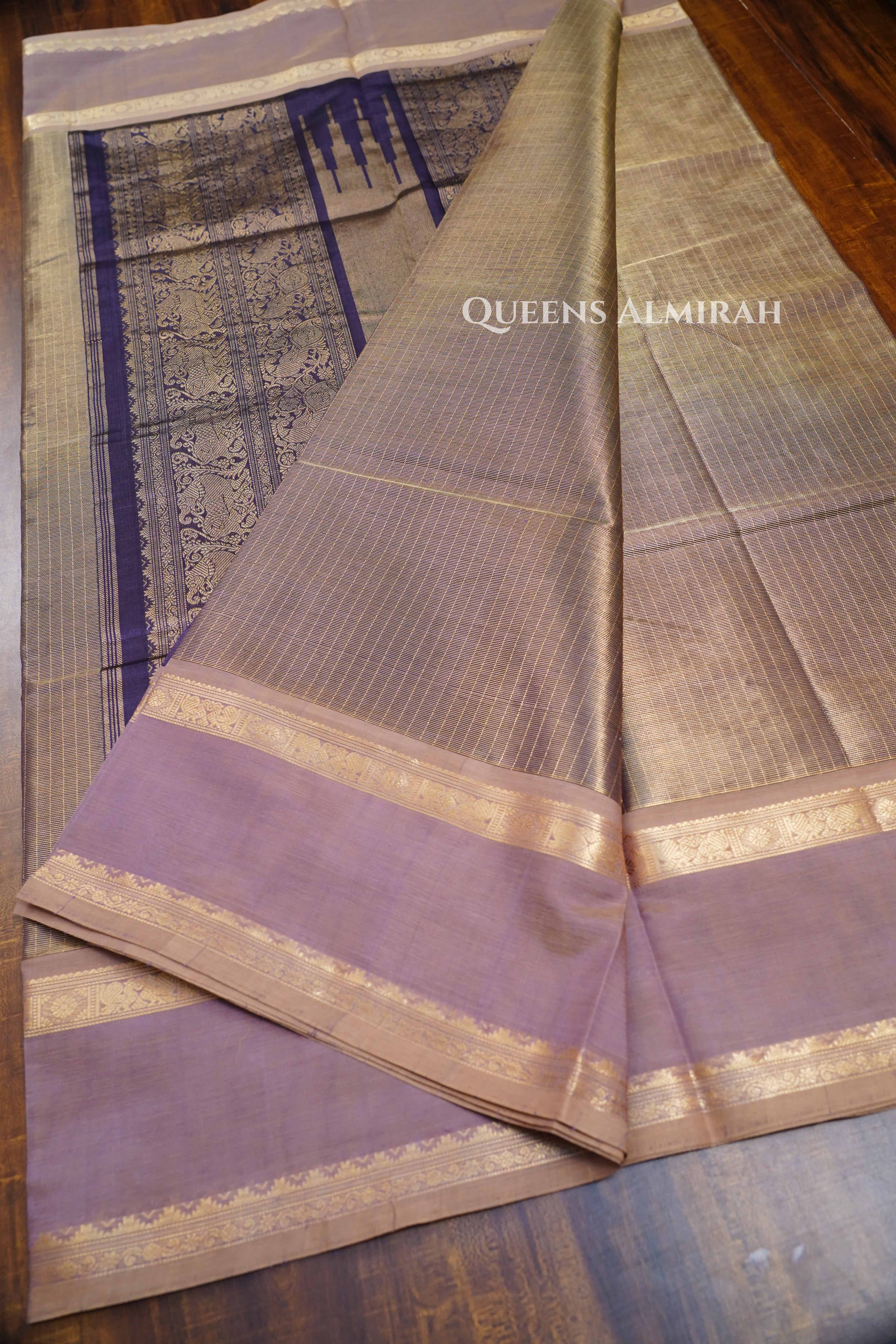 Dual Shade Of Brownish Purple-Karaikudi Chettinad Silk Cotton Saree