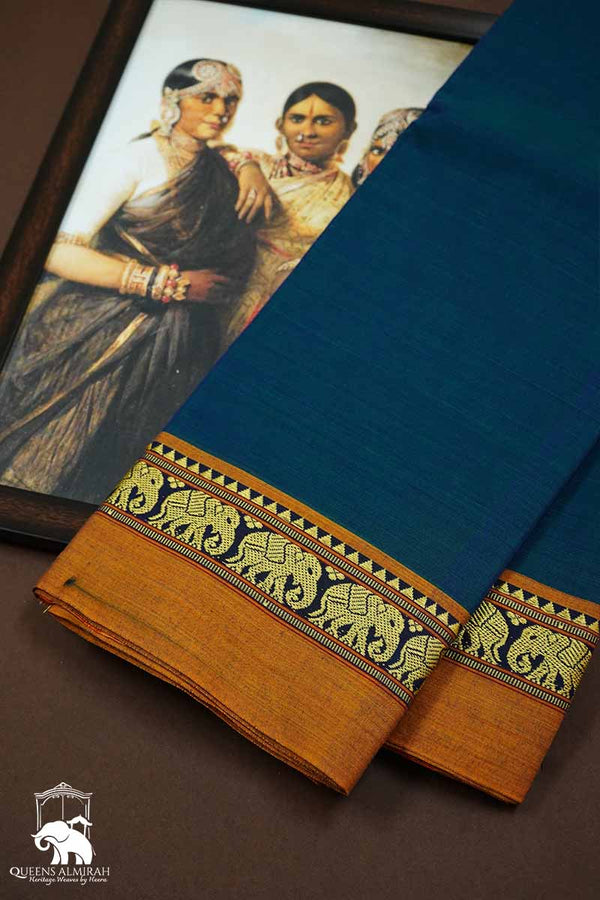 PEACOCK WITH BURNT ORANGE BORDER NARAYANPET COTTON SAREE - Queens Jewel Emporium