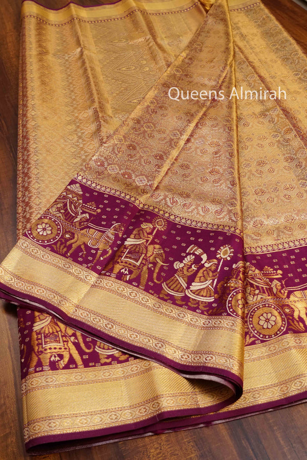 GOLD WITH WINE BERRY PURE KANCHIVARAM SILK SAREE - Queens Jewel Emporium