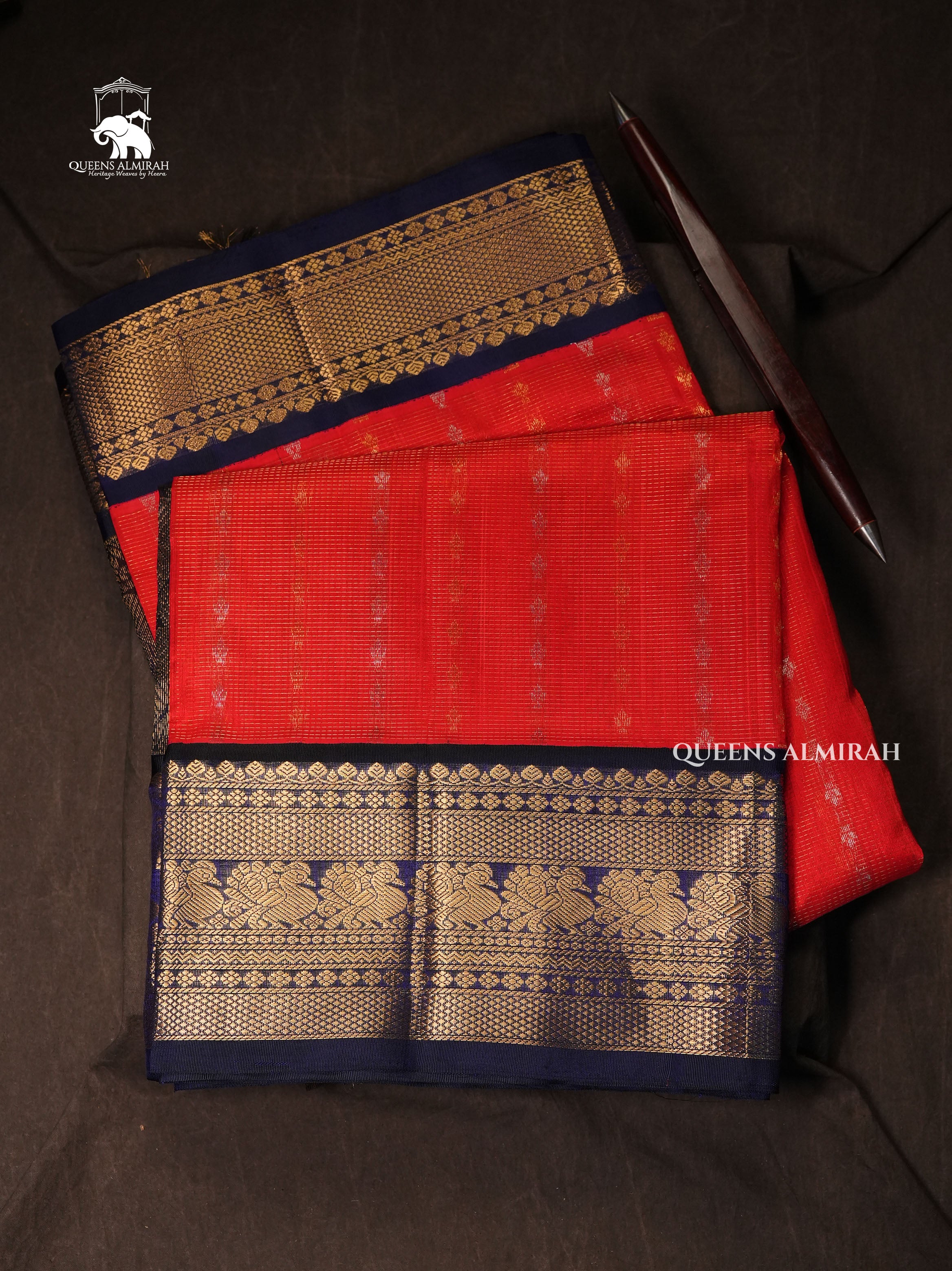 Tomato Red With Navy Blue Pure Silk Cotton Saree
