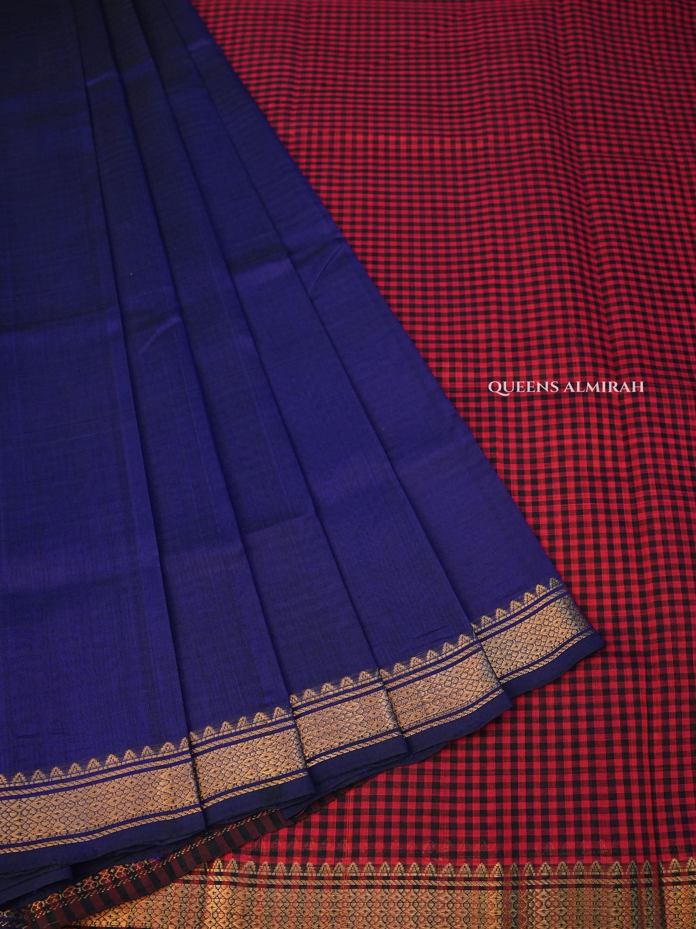 Blue With Red And Black Kattam Pure Silk Cotton Saree