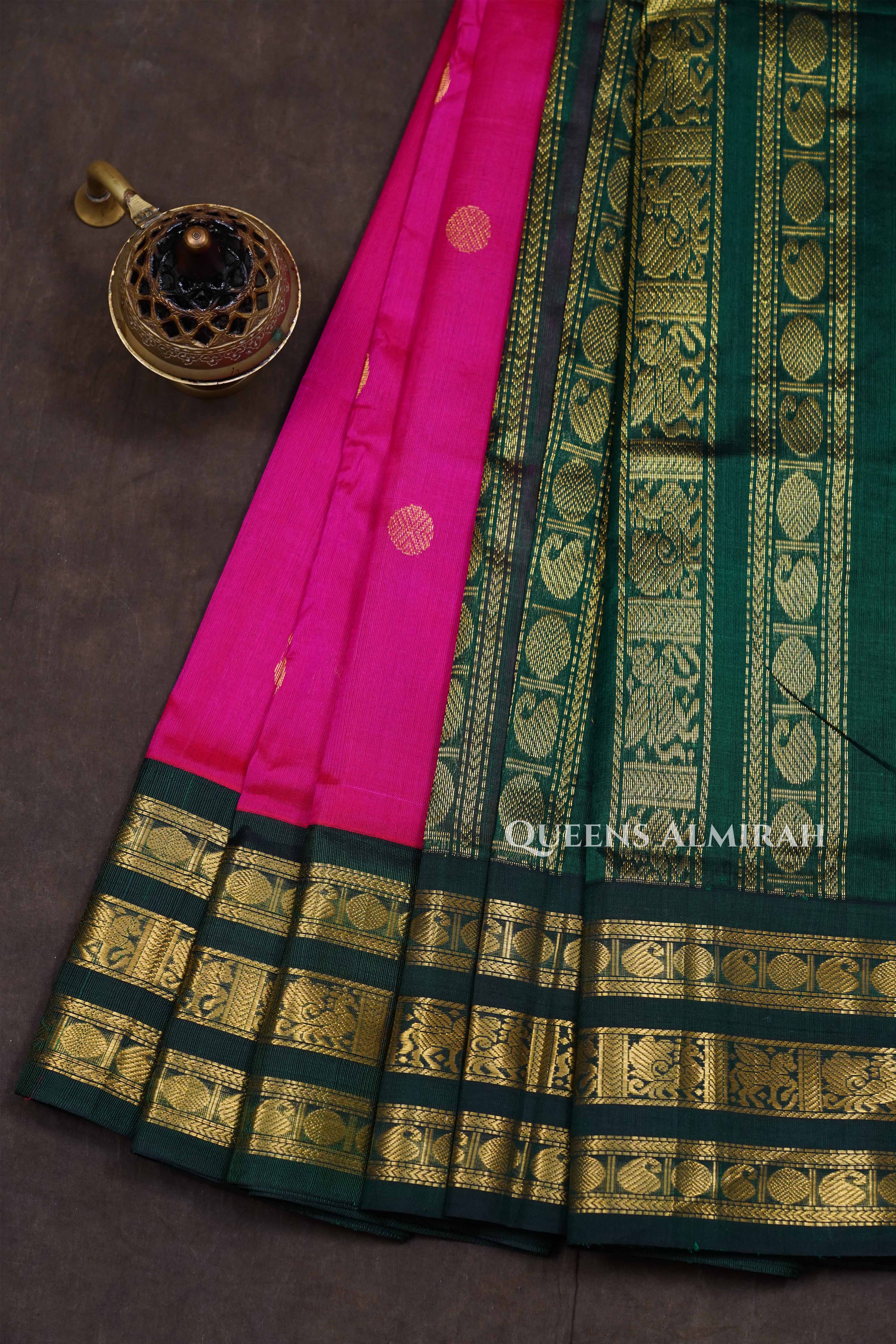 Magenta Pink With Green Pure Silk Cotton Saree