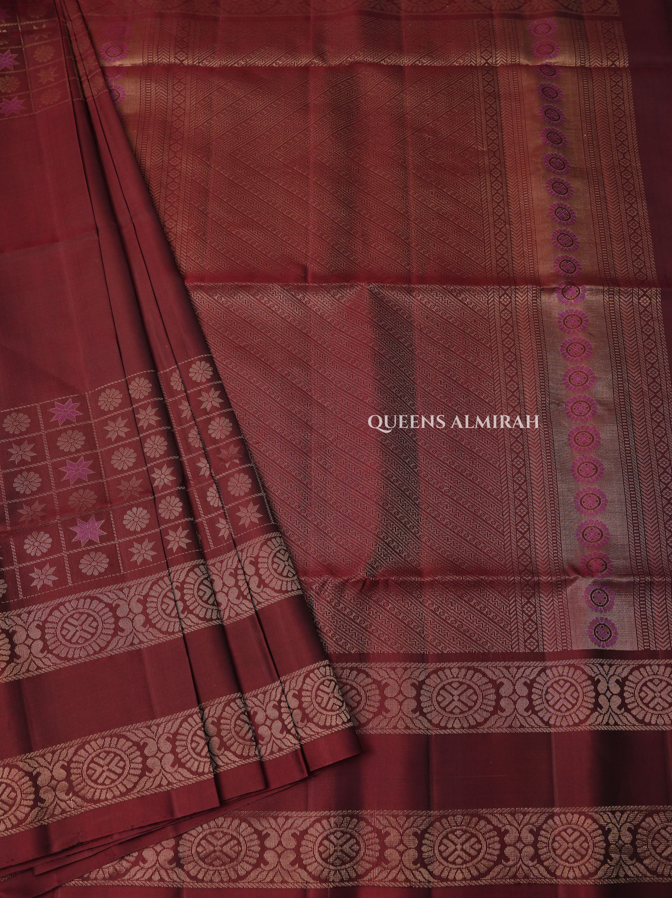 Dark Maroon Athangudi Inspired Pure Soft Silk Saree