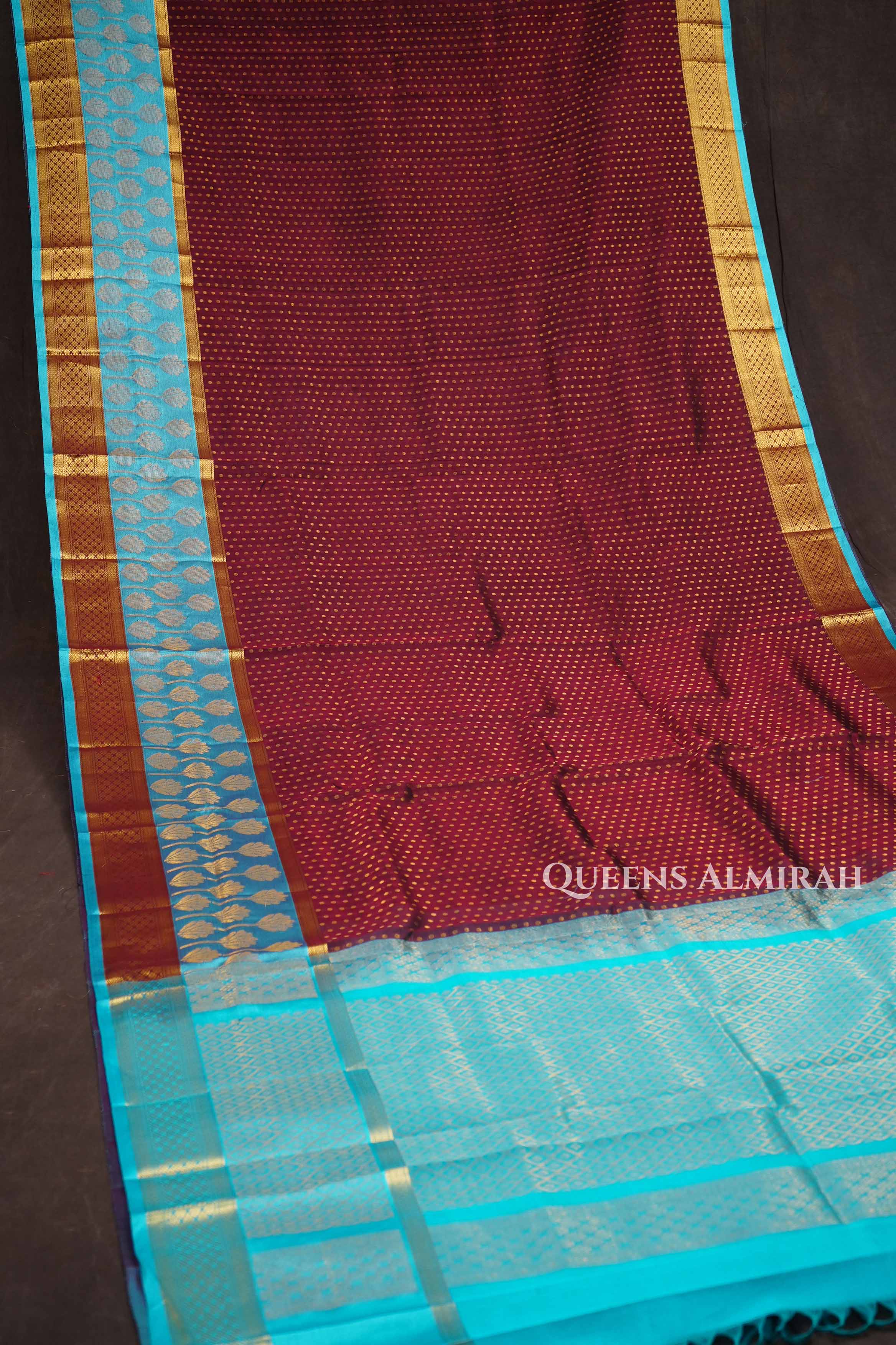 Maroon With Tuquoise Blue Pure Kanchi Silk Cotton Saree