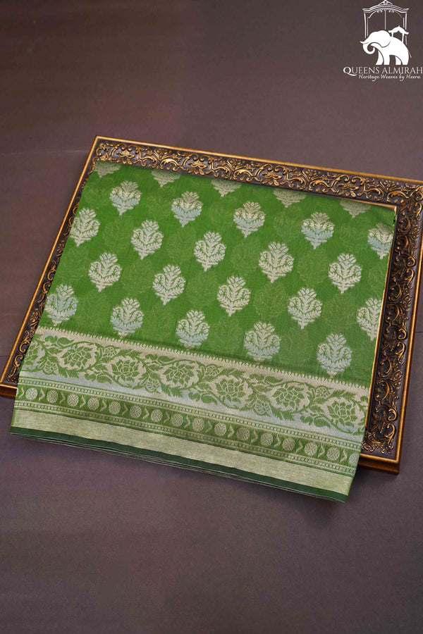 GREEN GREY BANARASI SILK COTTON SAREE - Queens Jewel Emporium