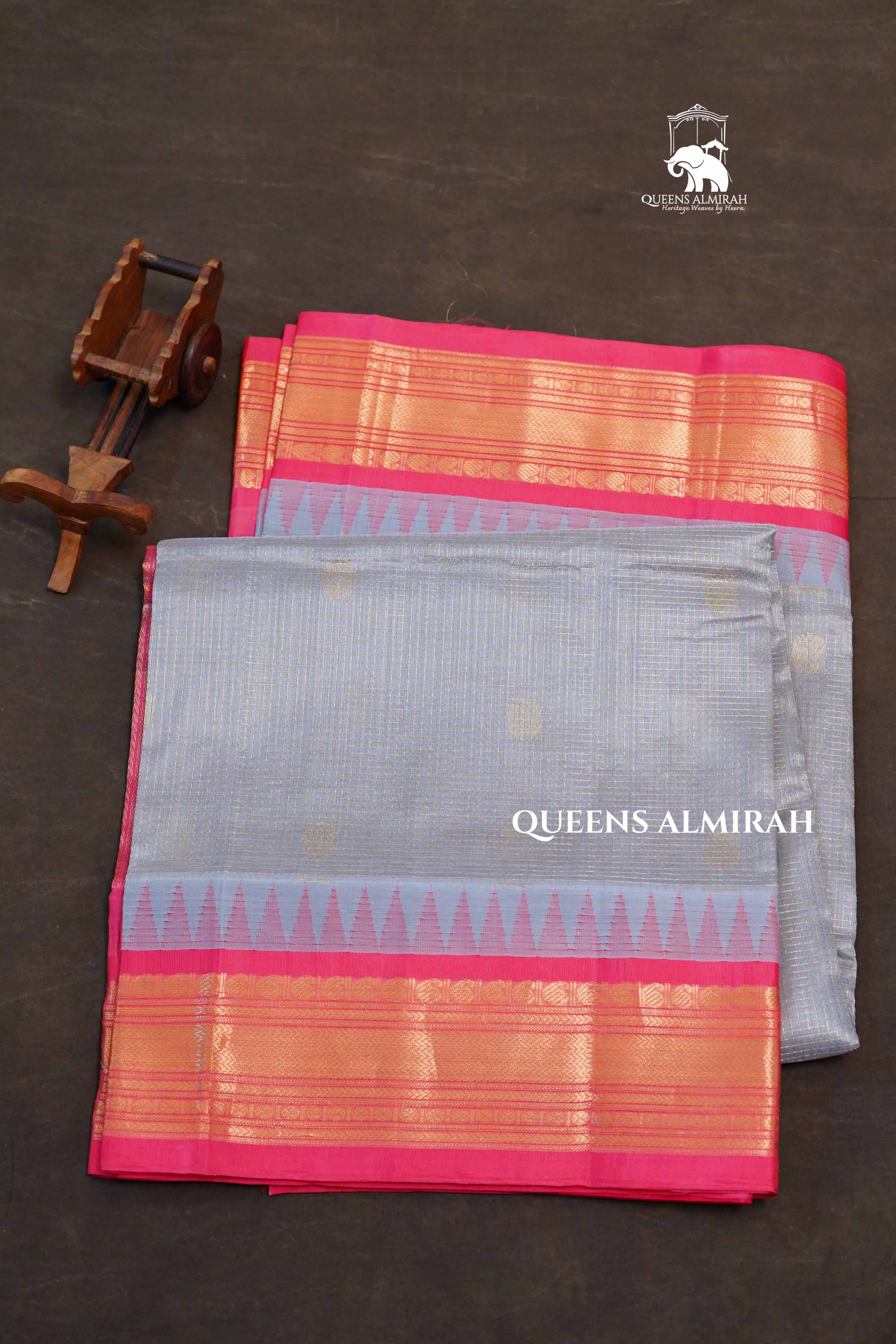 Ash With Pink Pure Kanchi Silk Cotton Saree