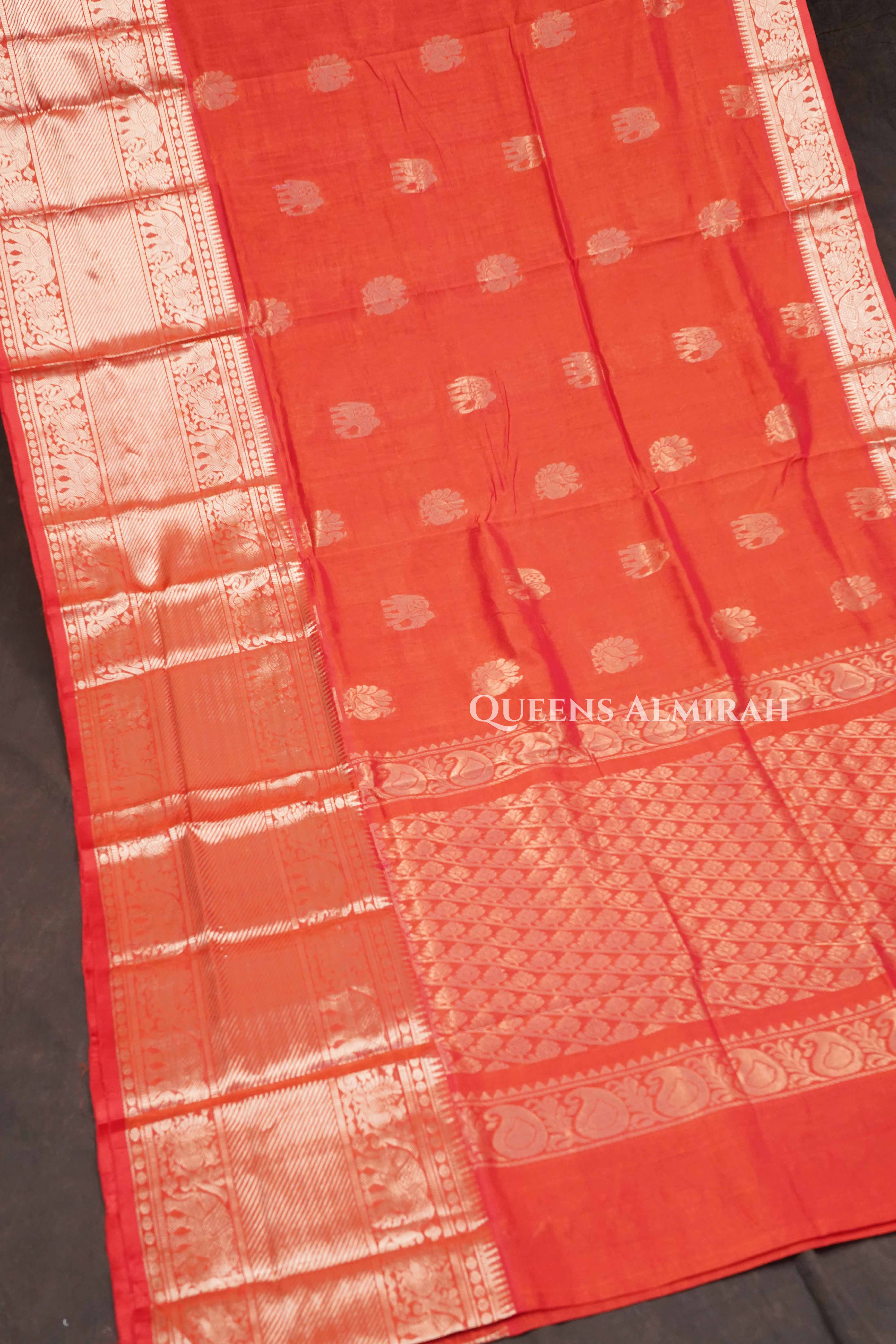 Coral Red Pure Kanchi Silk Cotton Saree