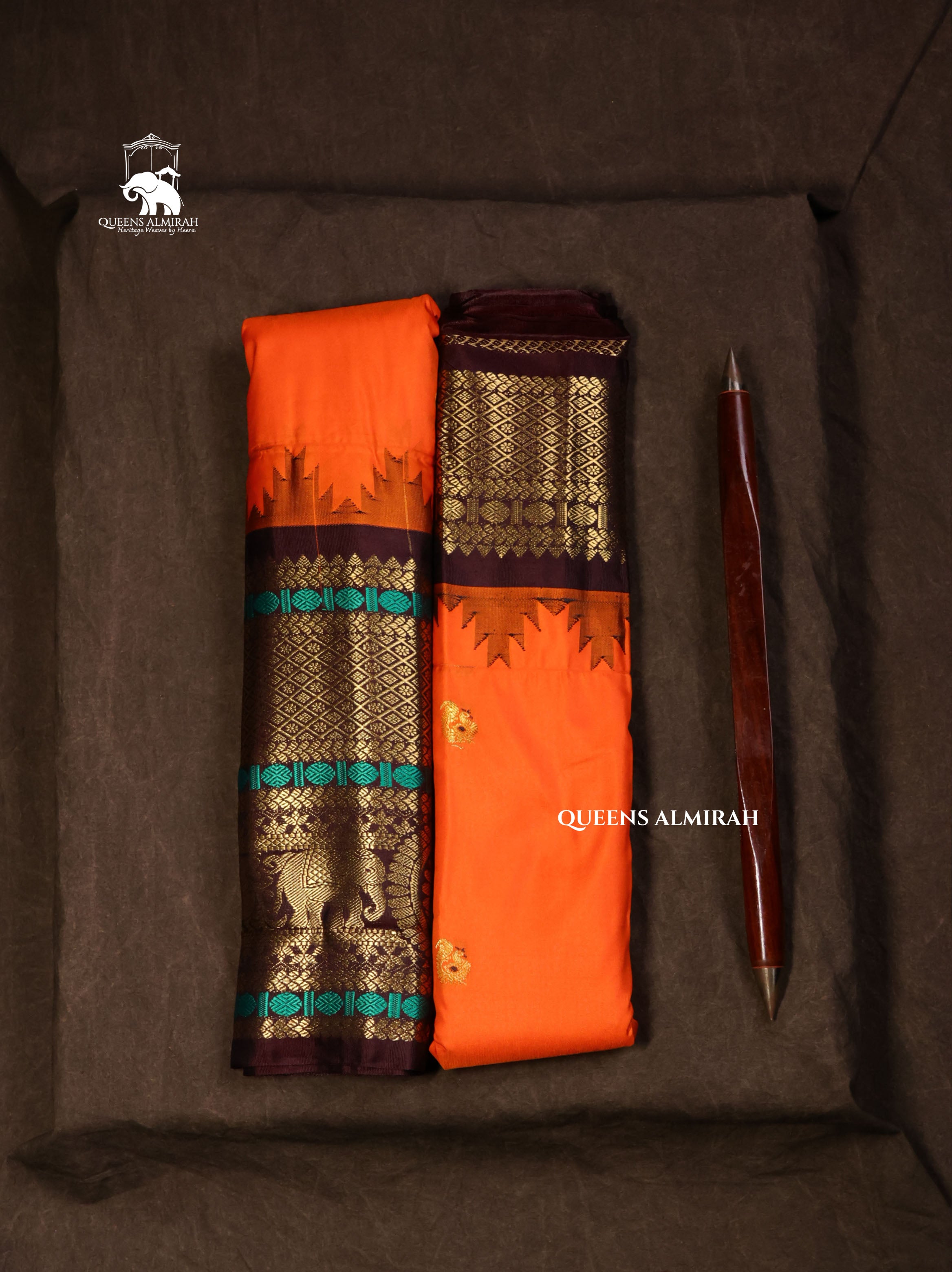 Orange With Brown Semi Gadwal Silk Saree