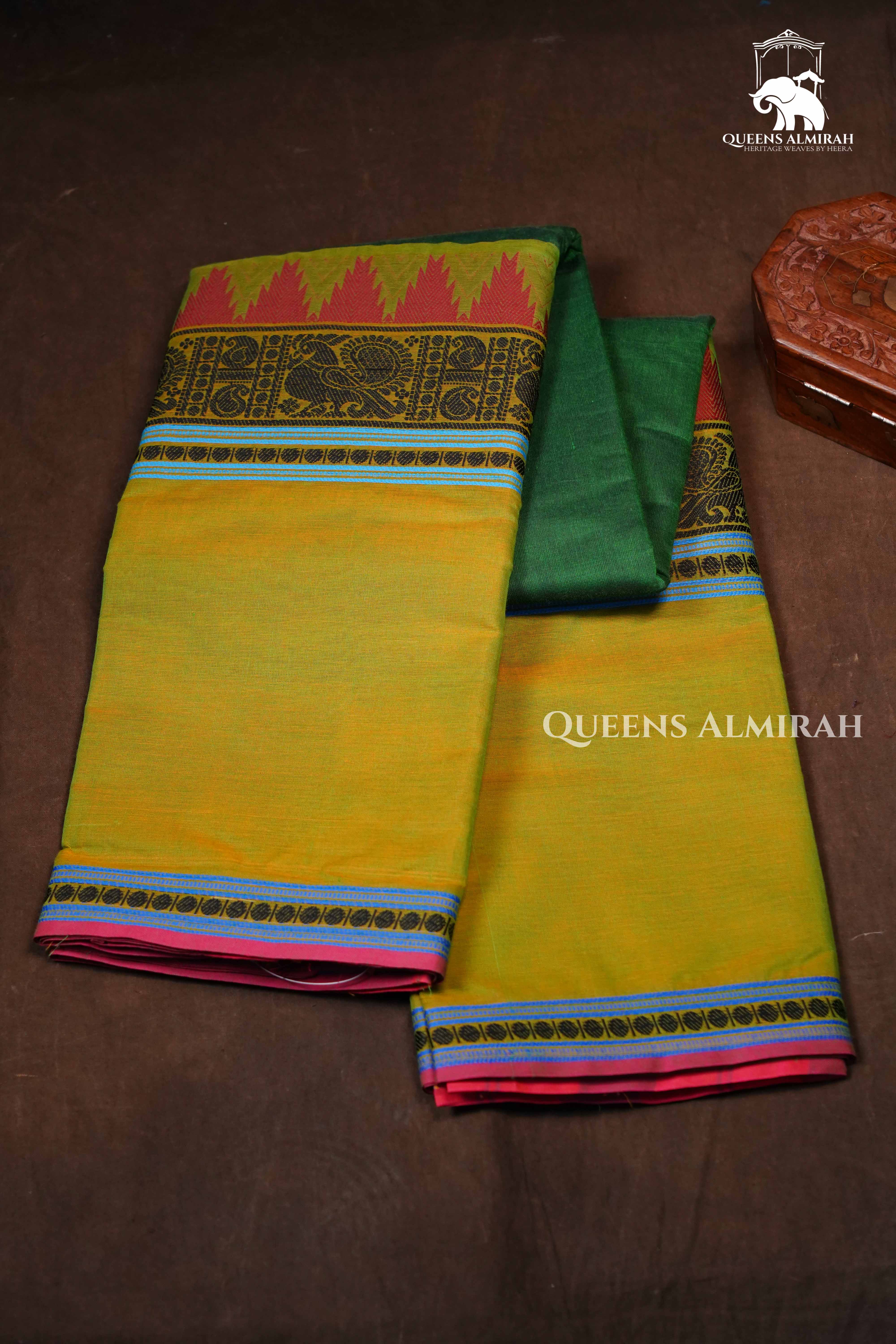 Dark Leaf Green With Pachai Payaru Green Chettinad Cotton Saree